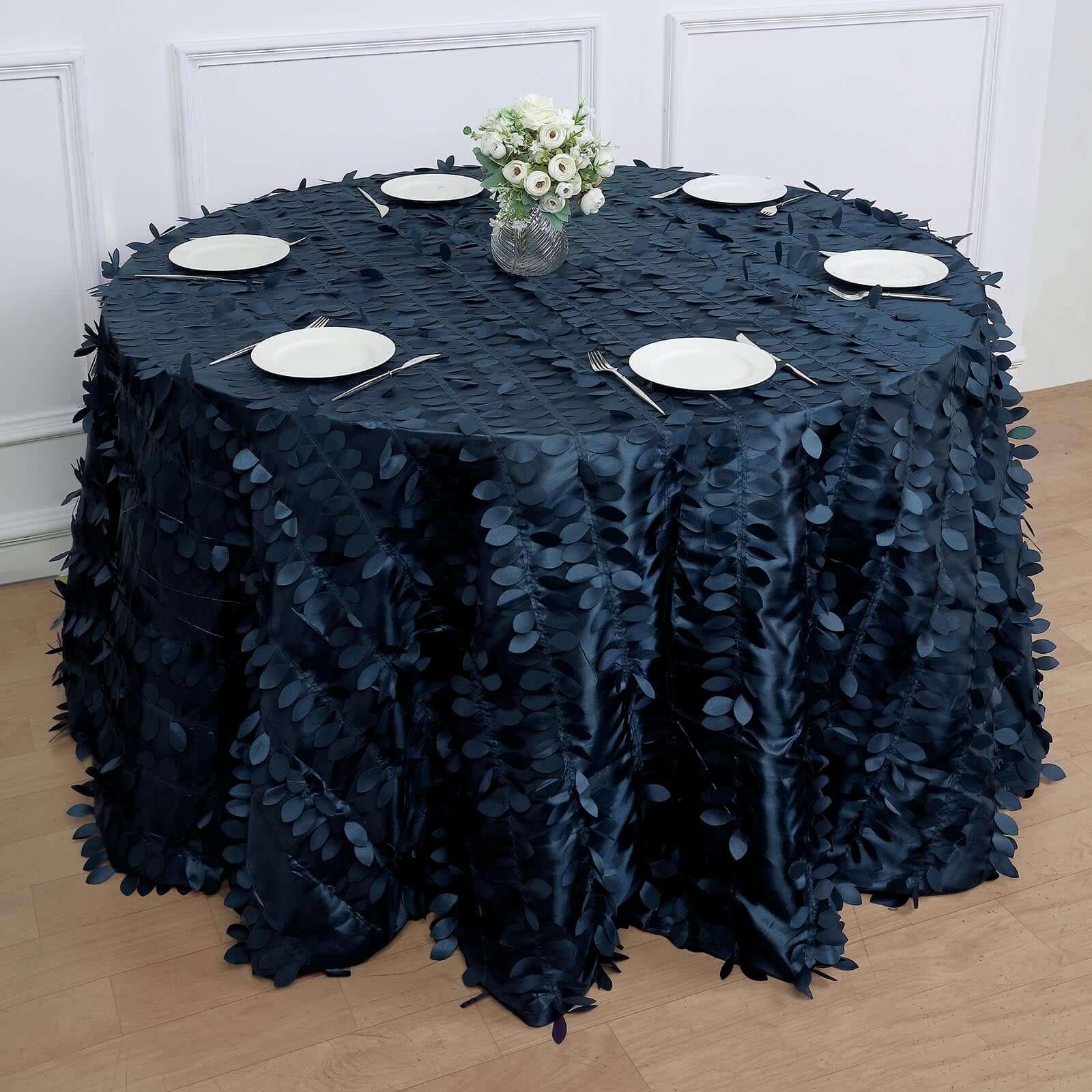Navy Blue 120" Round Taffeta Tablecloth with Stunning 3D Leaf Petal Design