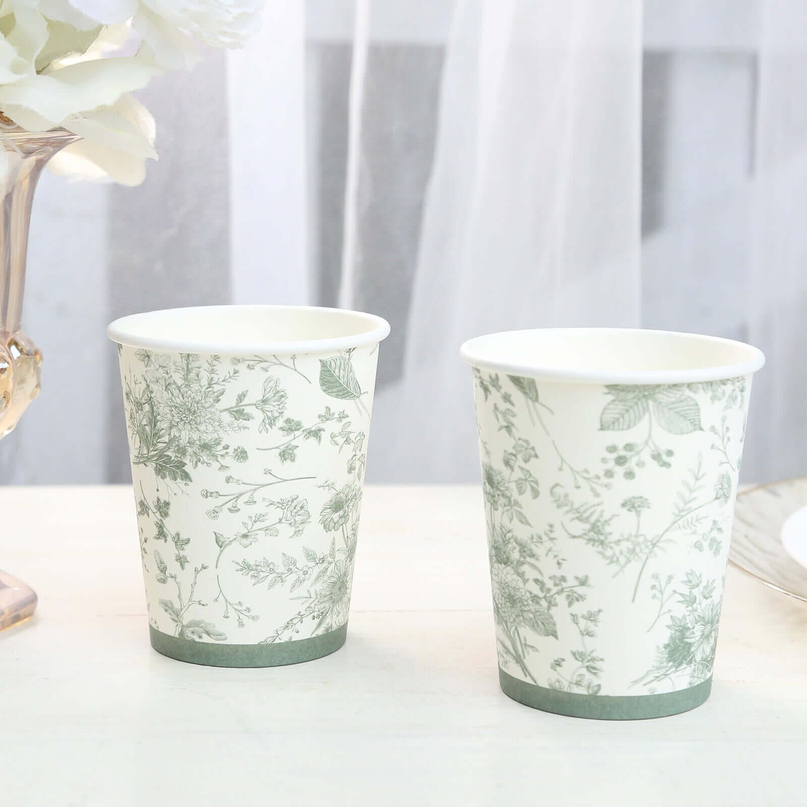 24-Piece 9oz Disposable Paper Party Cups in Elegant White & Sage Green French Toile Design