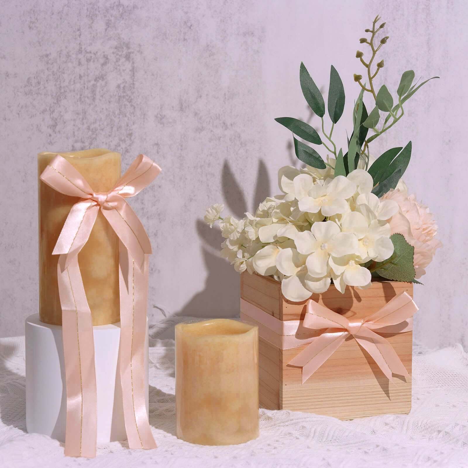 50 Pieces 10-Inch Blush Satin Pre-Tied Ribbon Bows with Gold Foil Lining for Party Decor