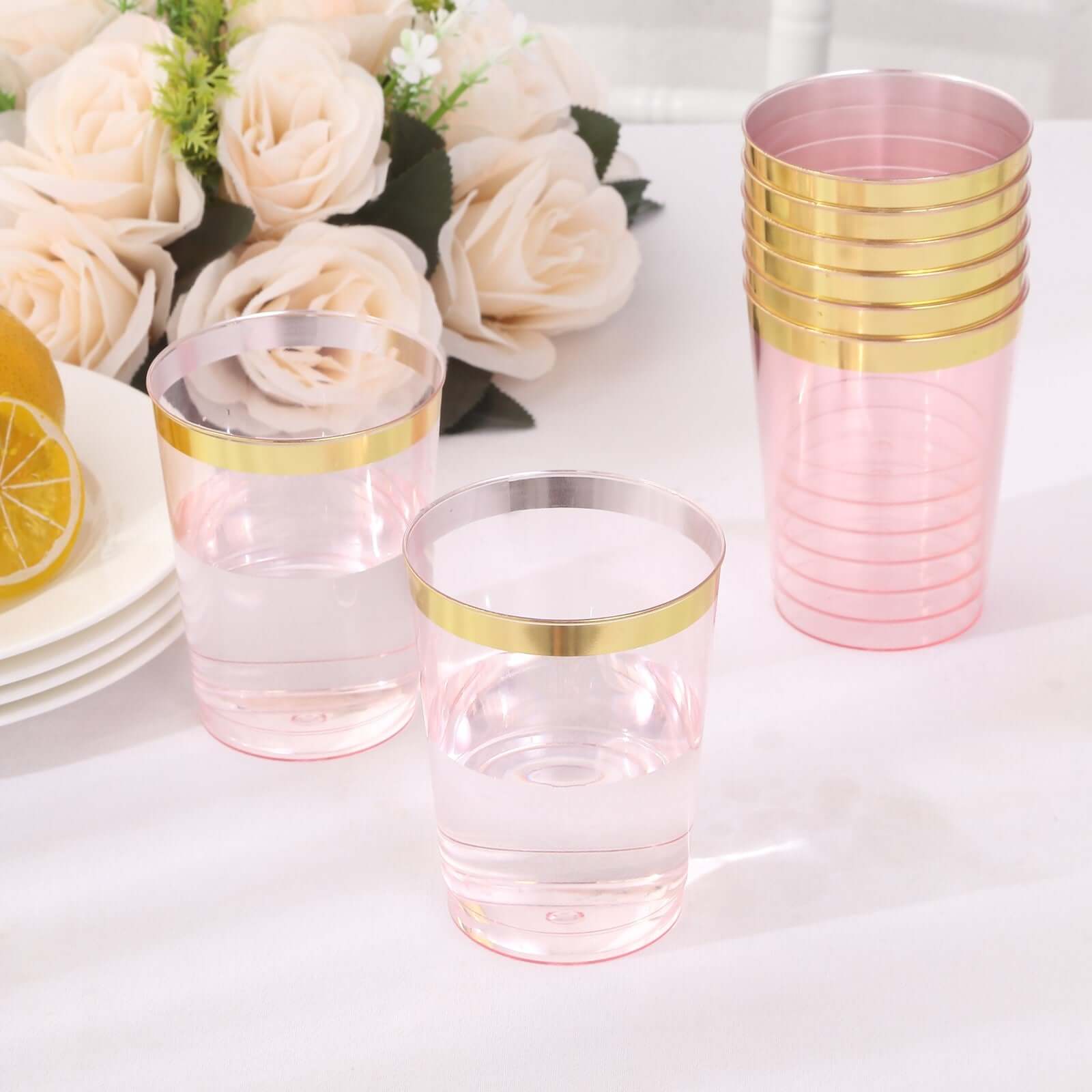 25-Pack 10oz Disposable Plastic Tumbler Cups in Transparent Blush with Stylish Gold Rim