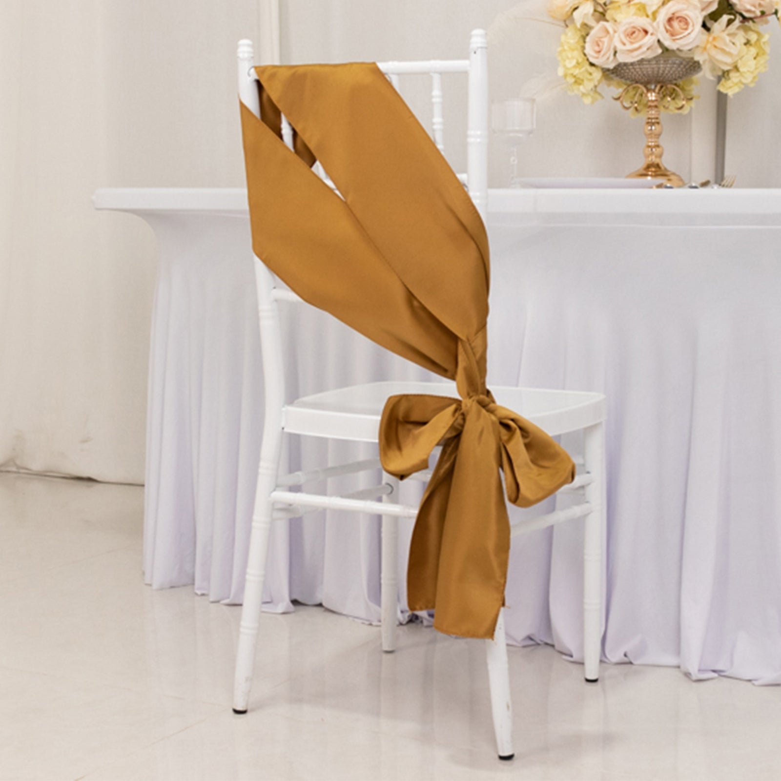 5-Pack Gold Lamour Satin Chair Sashes (6x106) - Perfect Reusable Decor for Weddings & Gatherings