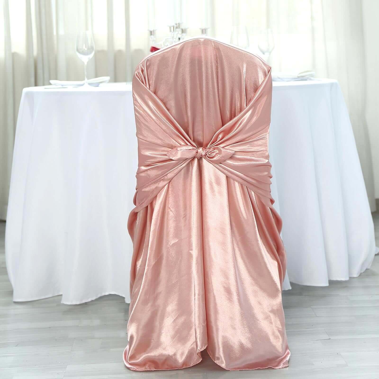 Durable Dusty Rose Satin Self - Tie Chair Cover for Folding, Dining & Banquet Chairs