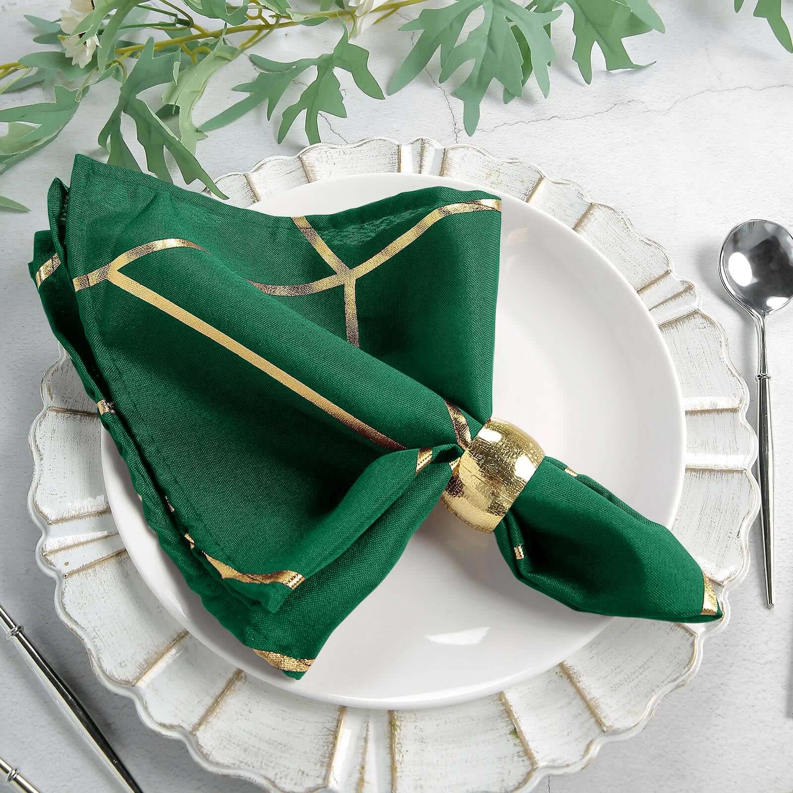 Set of 5 Reusable 20x20 Polyester Dinner Napkins in Hunter Emerald Green with Gold Geometric Foil Design