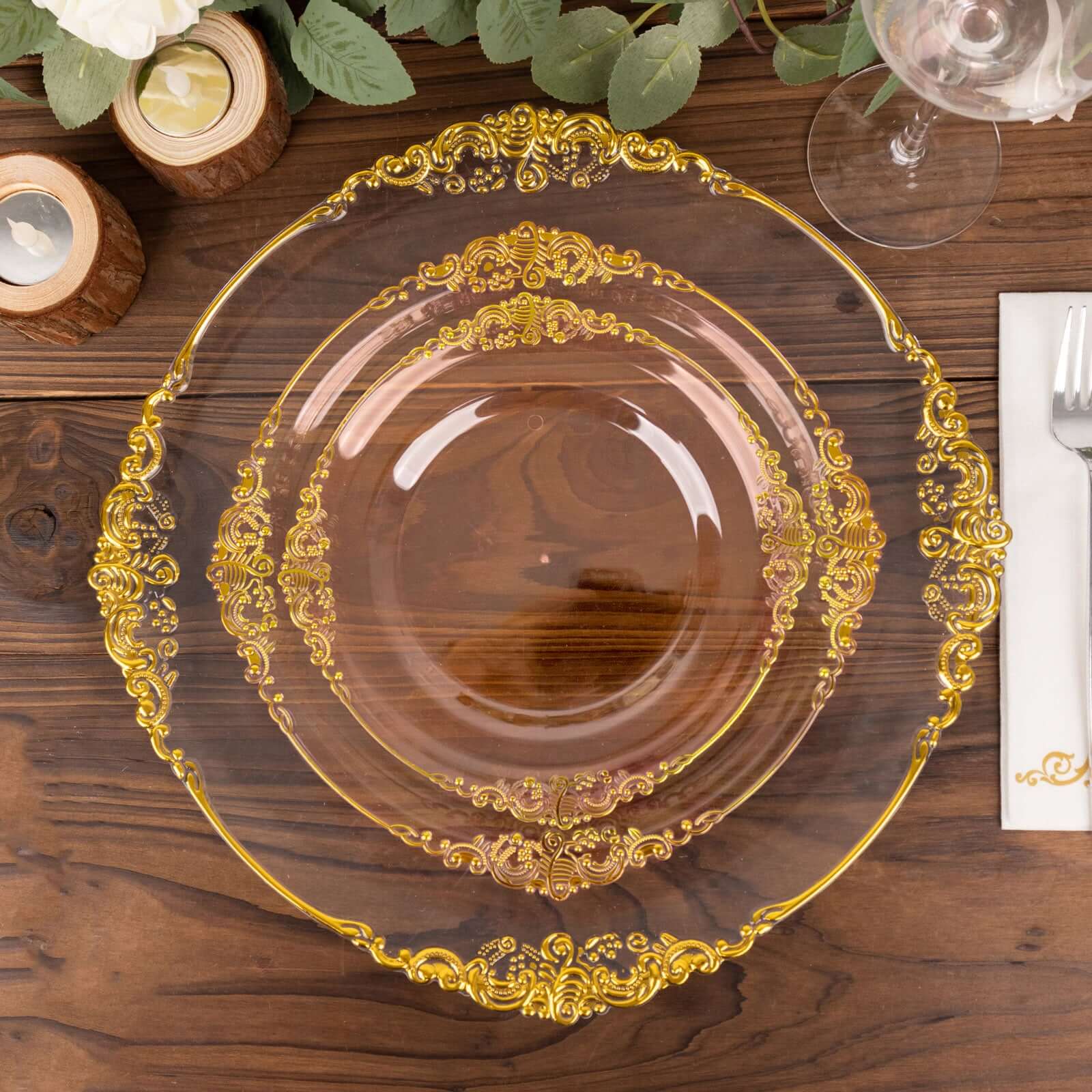 10-Pack Disposable 8" Transparent Blush Plastic Dessert Plates with Gold Leaf Embossed Rim - Vintage Baroque Style