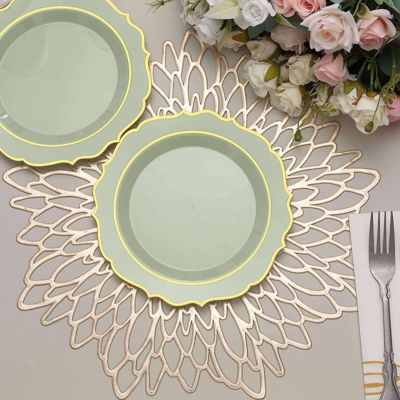 Hot Deal! 10-Pack Disposable Plastic Round Salad Plates in Sage Green with Gold Scalloped Rim, 8-Inch