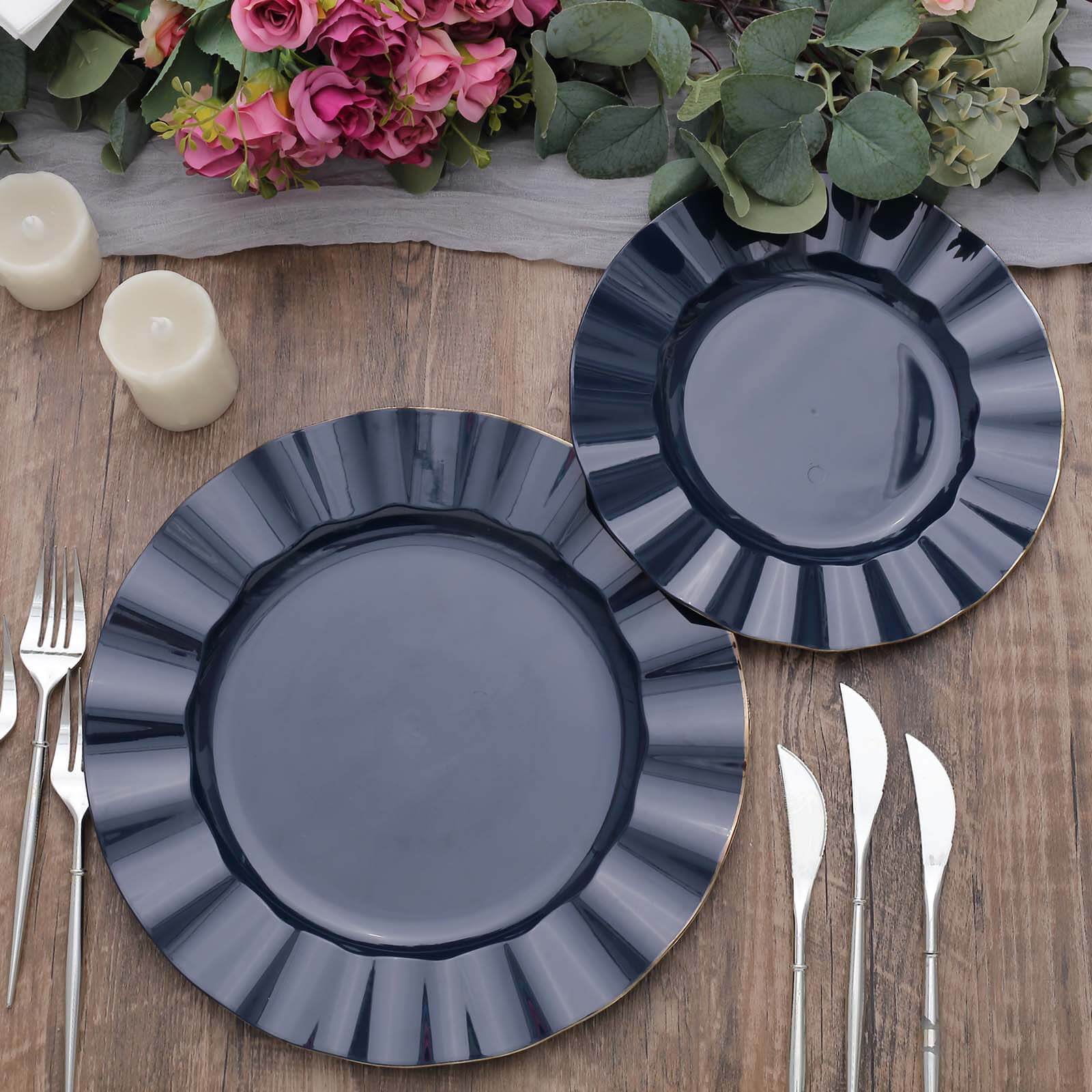 10-Piece Set of Navy Blue Plastic Round Dinner Plates with Gold Edged Ruffled Rim - Sturdy Disposable Dinnerware