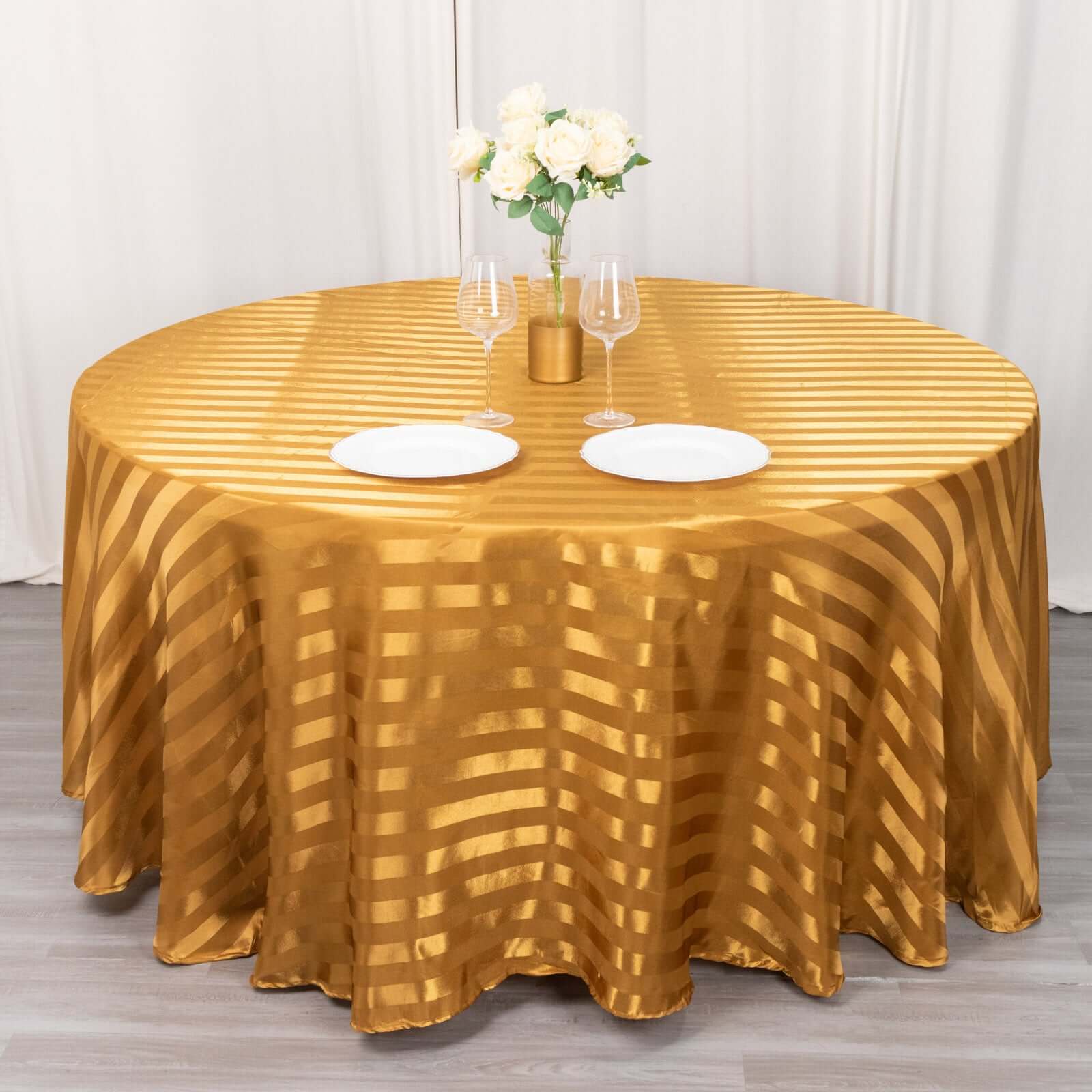 Hot Sale! 120-Inch Gold Satin Round Tablecloth with Glossy Stripes for Weddings