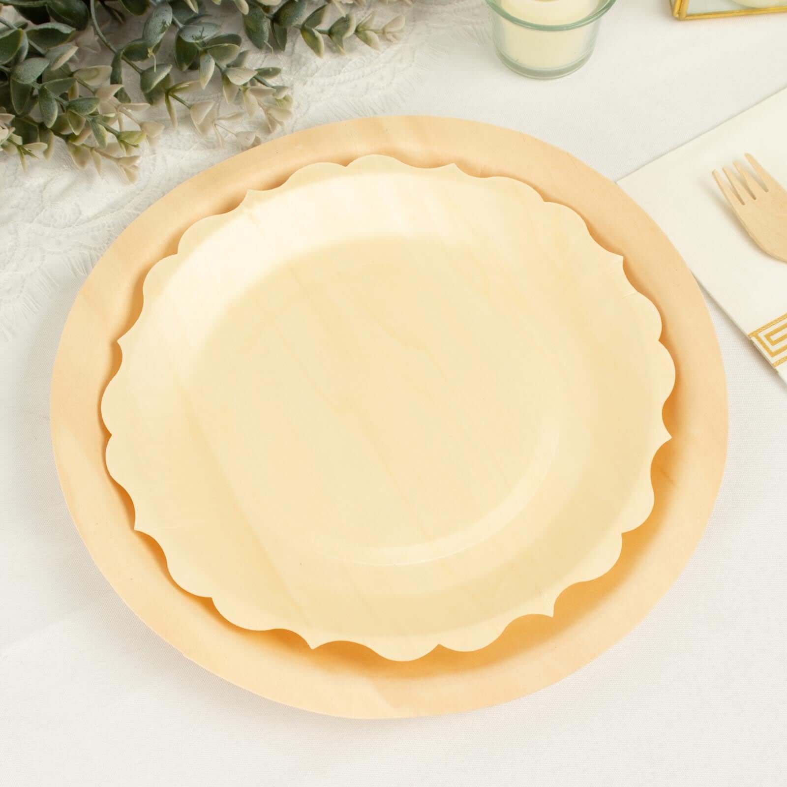 12-Piece Set of Natural Birchwood Round Dinner Plates with Scalloped Rim - Ideal for Farmhouse Events