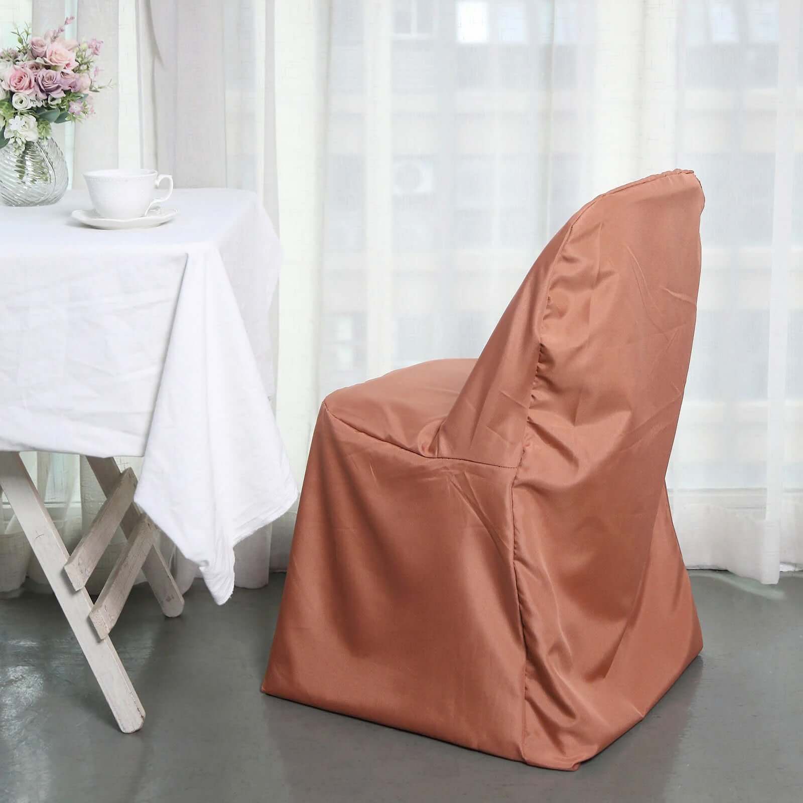 10-Piece Wrinkle-Free, Stain-Resistant Terracotta (Rust) Polyester Slip-On Chair Covers for Folding Chairs