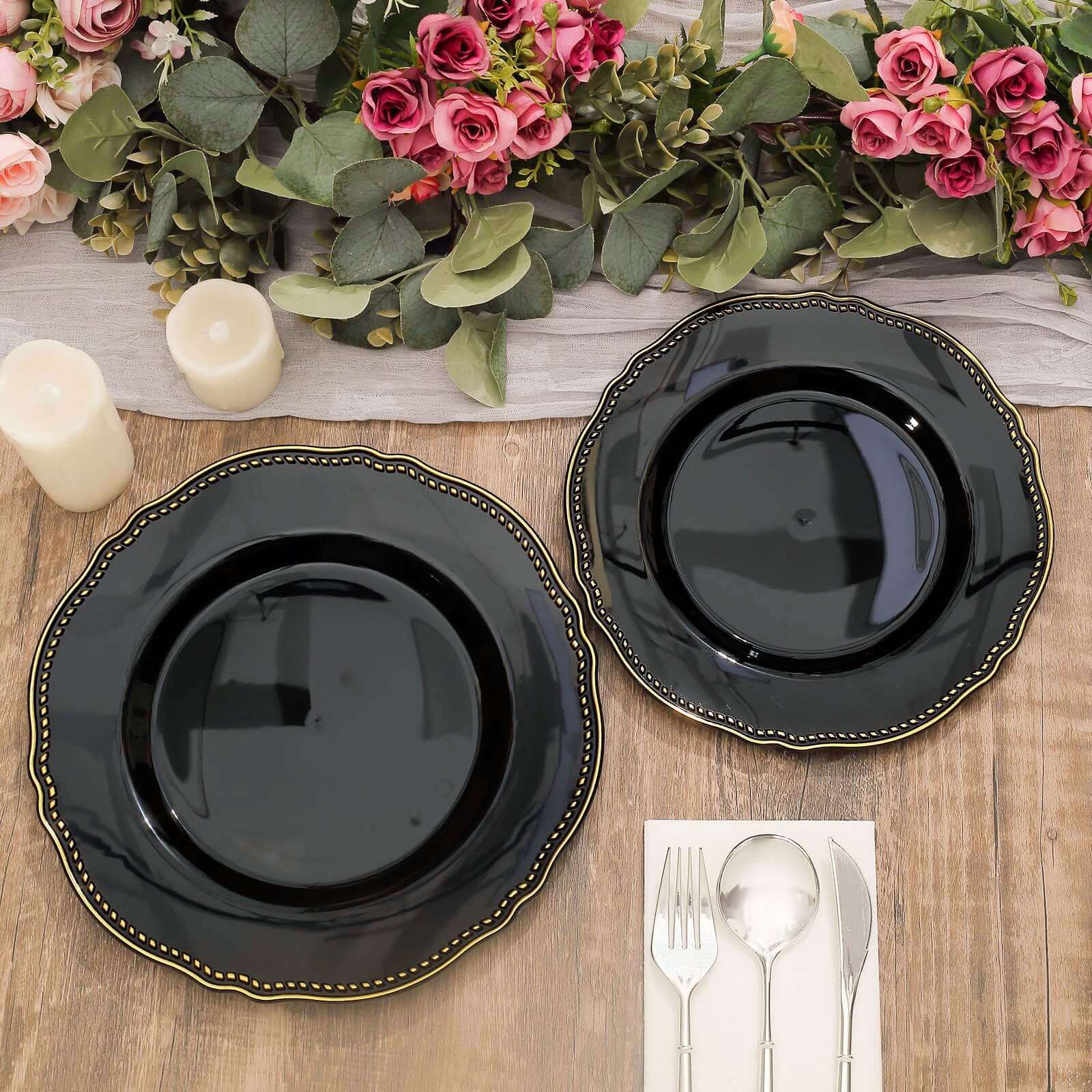 10-Piece Set of Disposable Black Plastic Dinner Plates with Gold Scalloped Rim