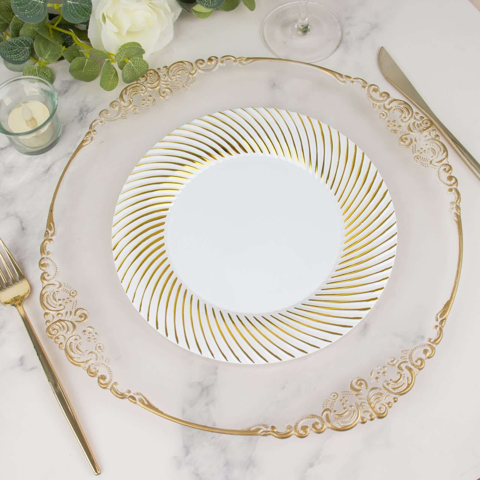 10-Pack Disposable White Dinner Plates with Gold Swirl Rim - Ideal for Parties