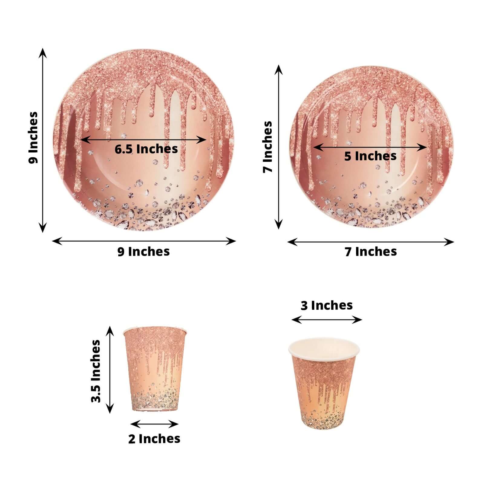 Hot Sale! 72-Piece Disposable Paper Dinnerware Set in Rose Gold with Diamond Glitter Drip Pattern