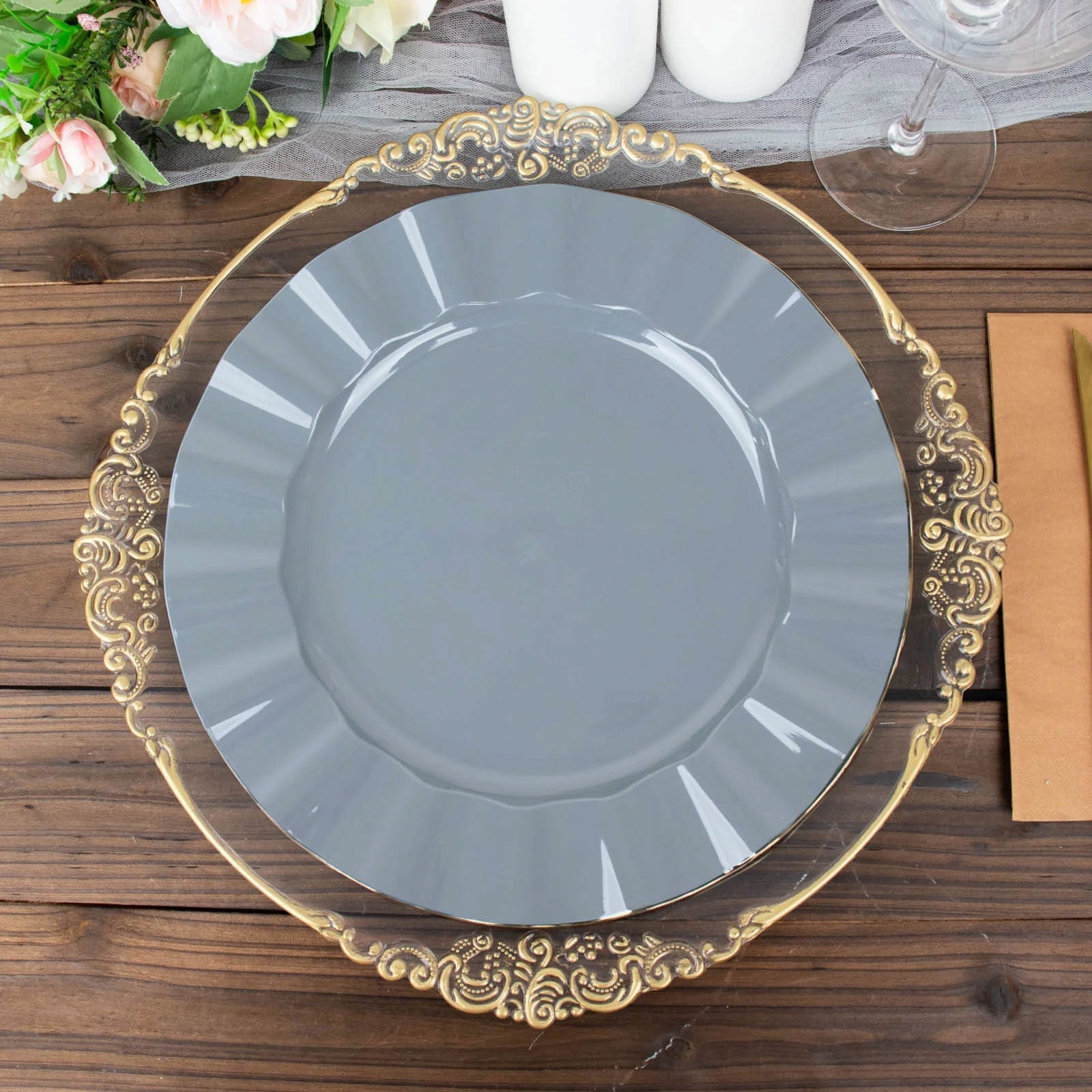 10-Pack Sturdy Disposable 11" Round Dusty Blue Dinner Plates with Gold Ruffled Edging