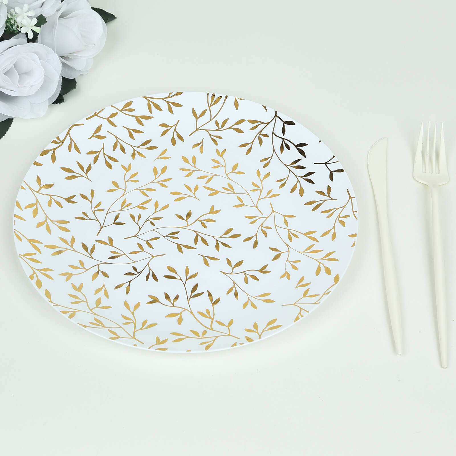 10-Pack Heavy Duty Disposable White Plastic Dinner Plates with Gold Leaf Design - Ideal for Stylish Events