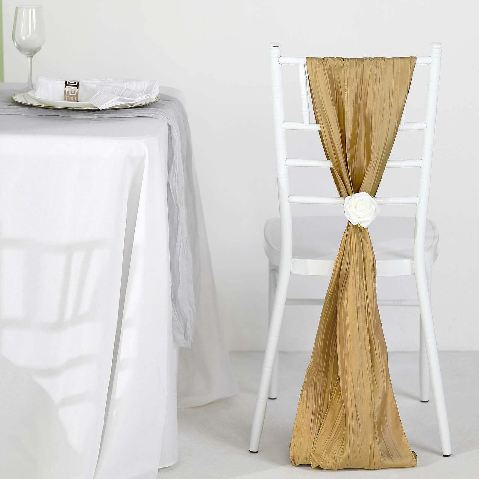 Gold Taffeta Chair Sashes - 5 Pack for Weddings & Events, Accordion Crinkle Style