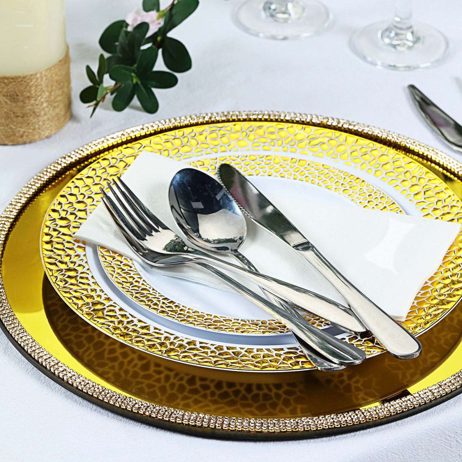 Hot Sale! 2-Pack 13-Inch Round Glass Charger Plates with Metallic Gold Mirror Rhinestone Rim for Decor