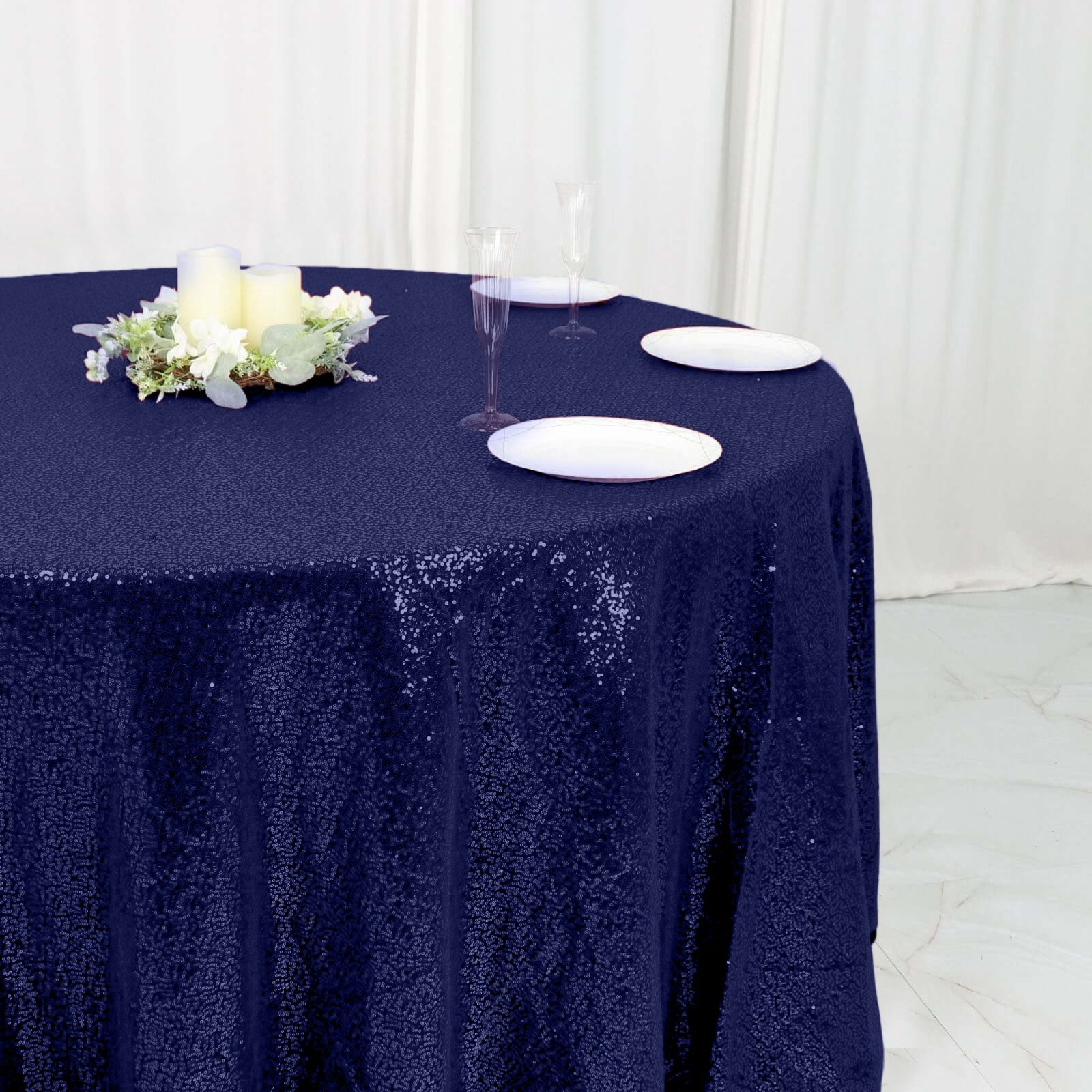Navy Blue Seamless Glittering 120' Round Sequin Tablecloth - Ideal for Events