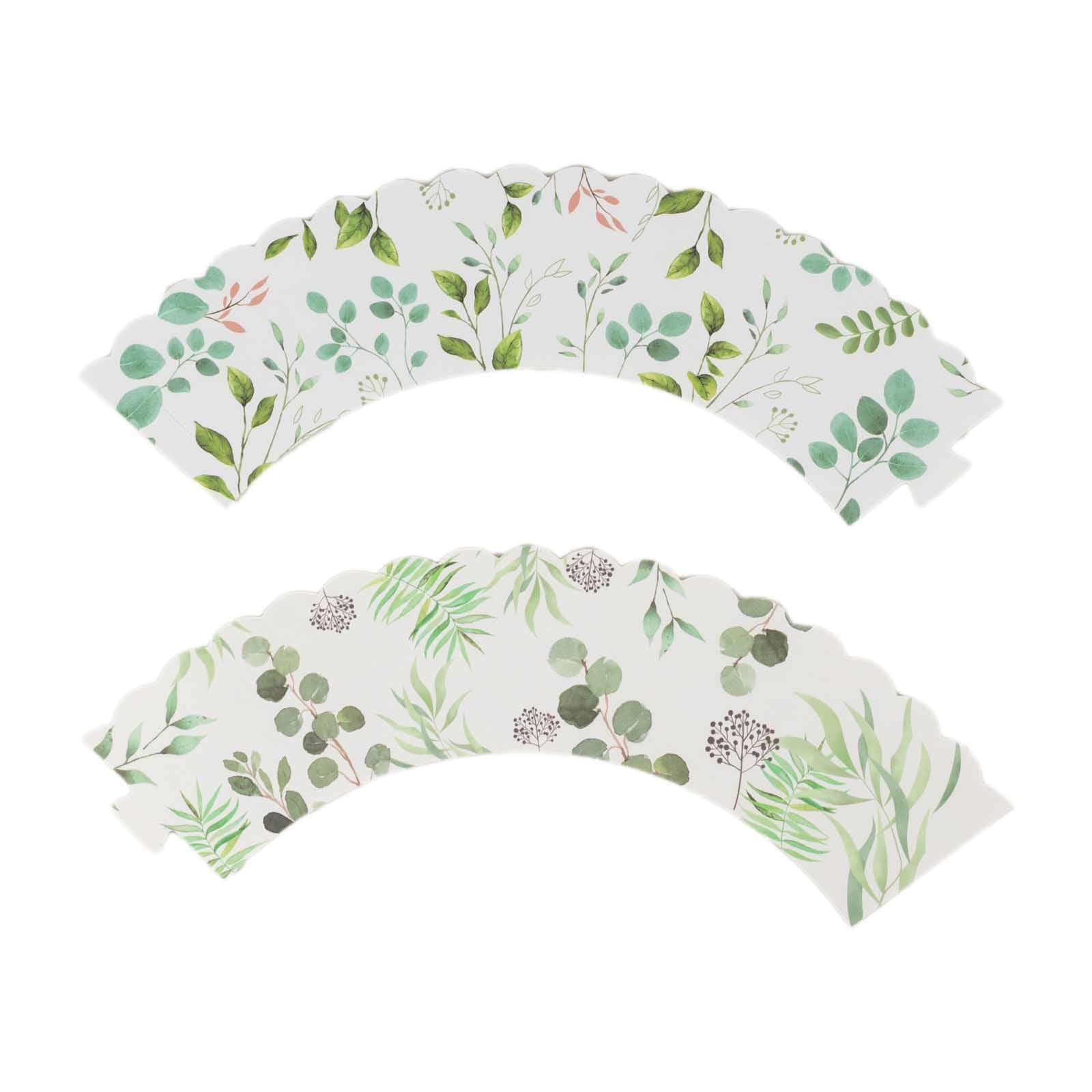25-Piece Premium Paper Cupcake Wrappers with Eucalyptus Leaves Print in White and Green