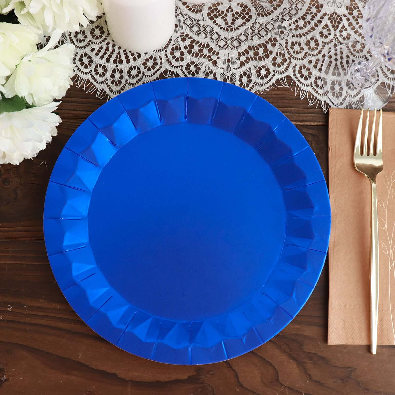 Hot Deal! 25-Piece Set of Disposable 400GSM Royal Blue Round Dinner Paper Plates with Geometric Prism Rim