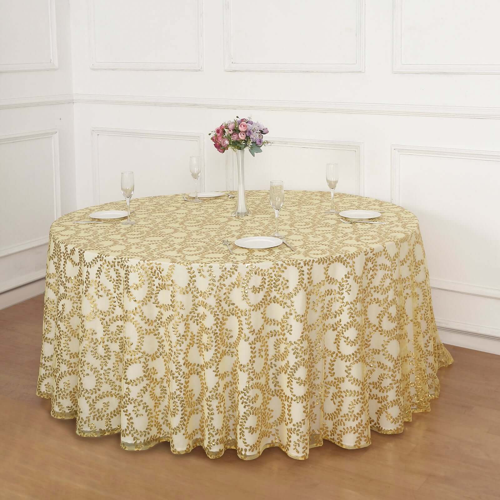 Gold Seamless Sequin Leaf Embroidered 120 Round Tulle Tablecloth for Elegant Events