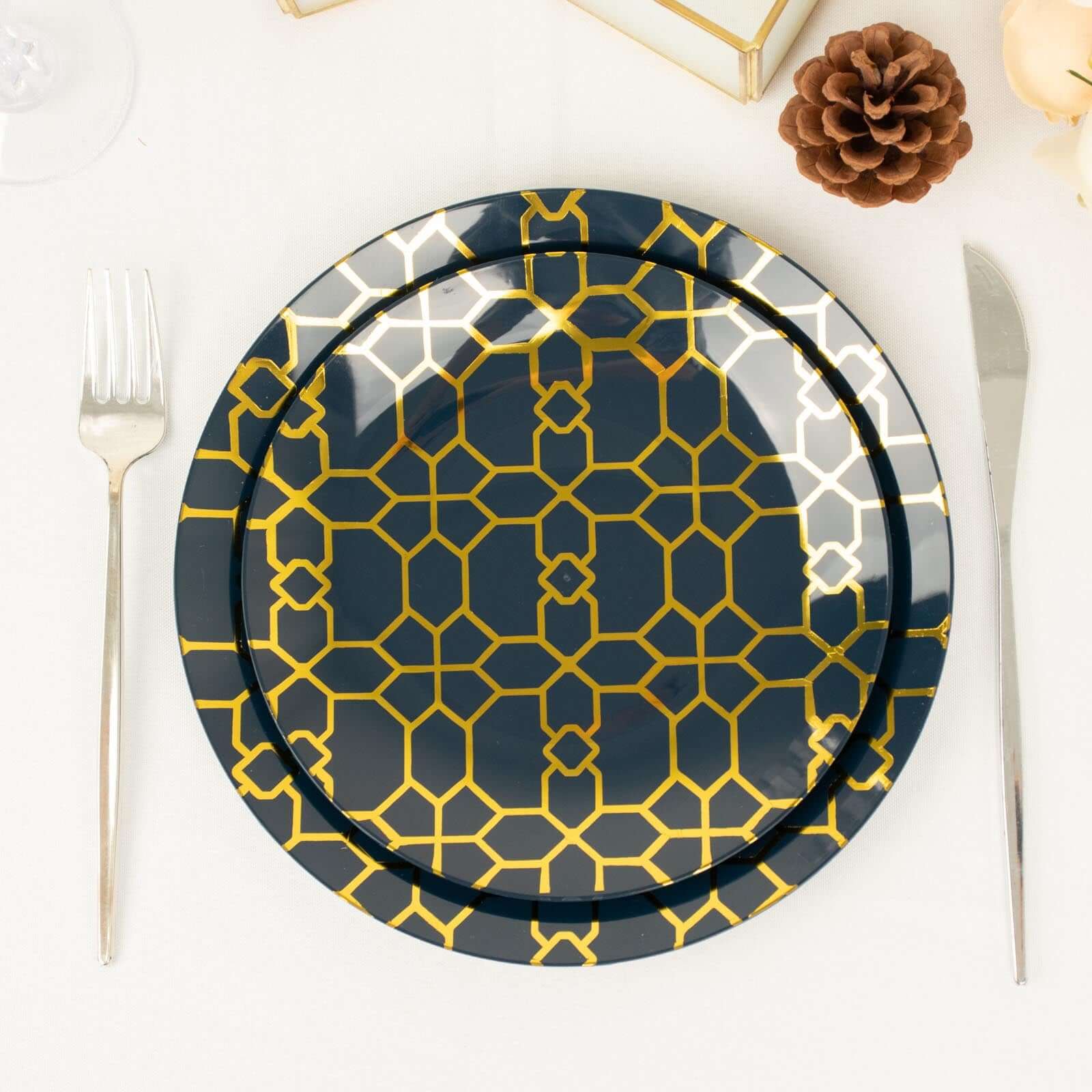 Hot Deal! 20-Pack Navy Blue Plastic Dinnerware Set with Gold Geometric Print for Weddings