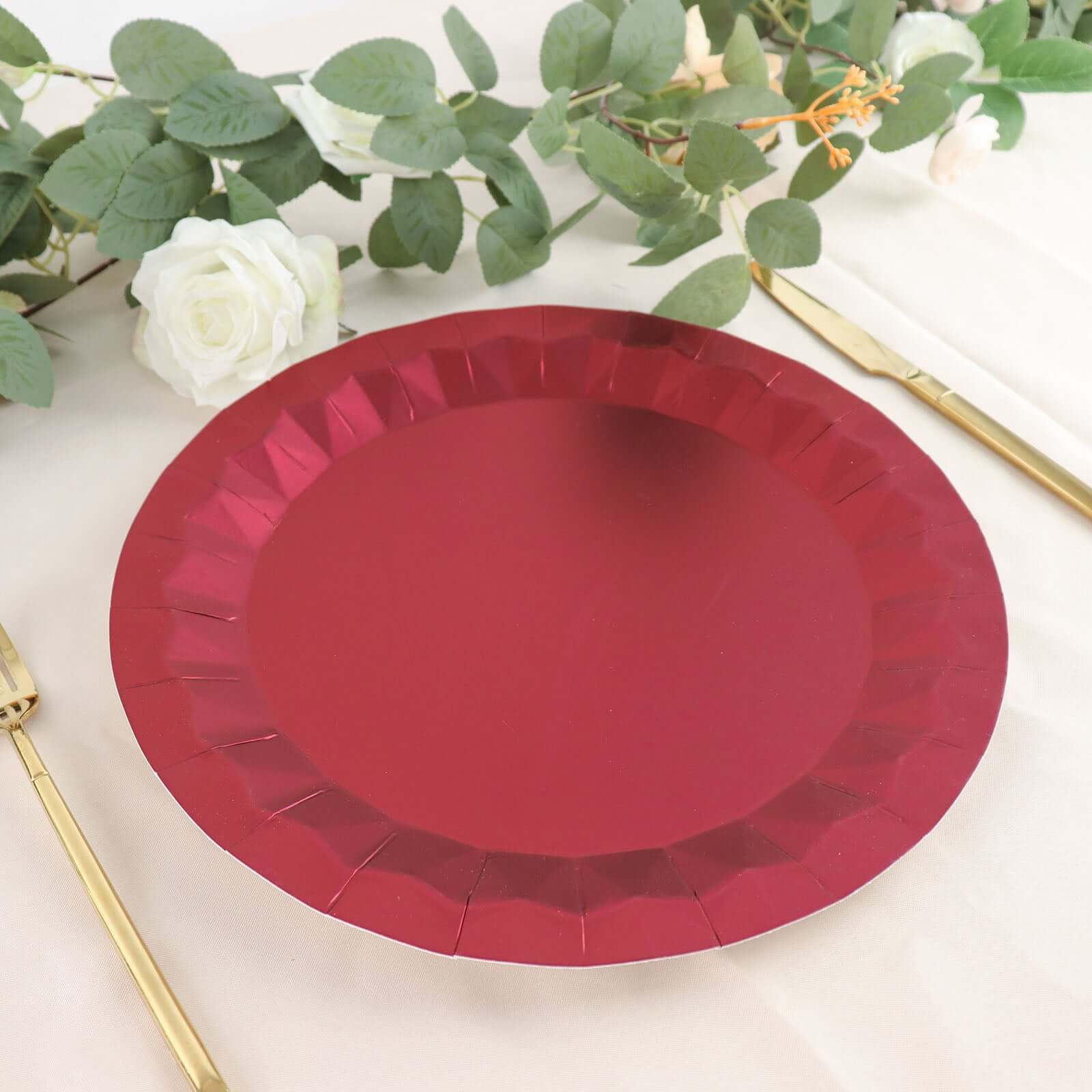 25-Pack Disposable Burgundy Paper Charger Plates with Geometric Design - 12
