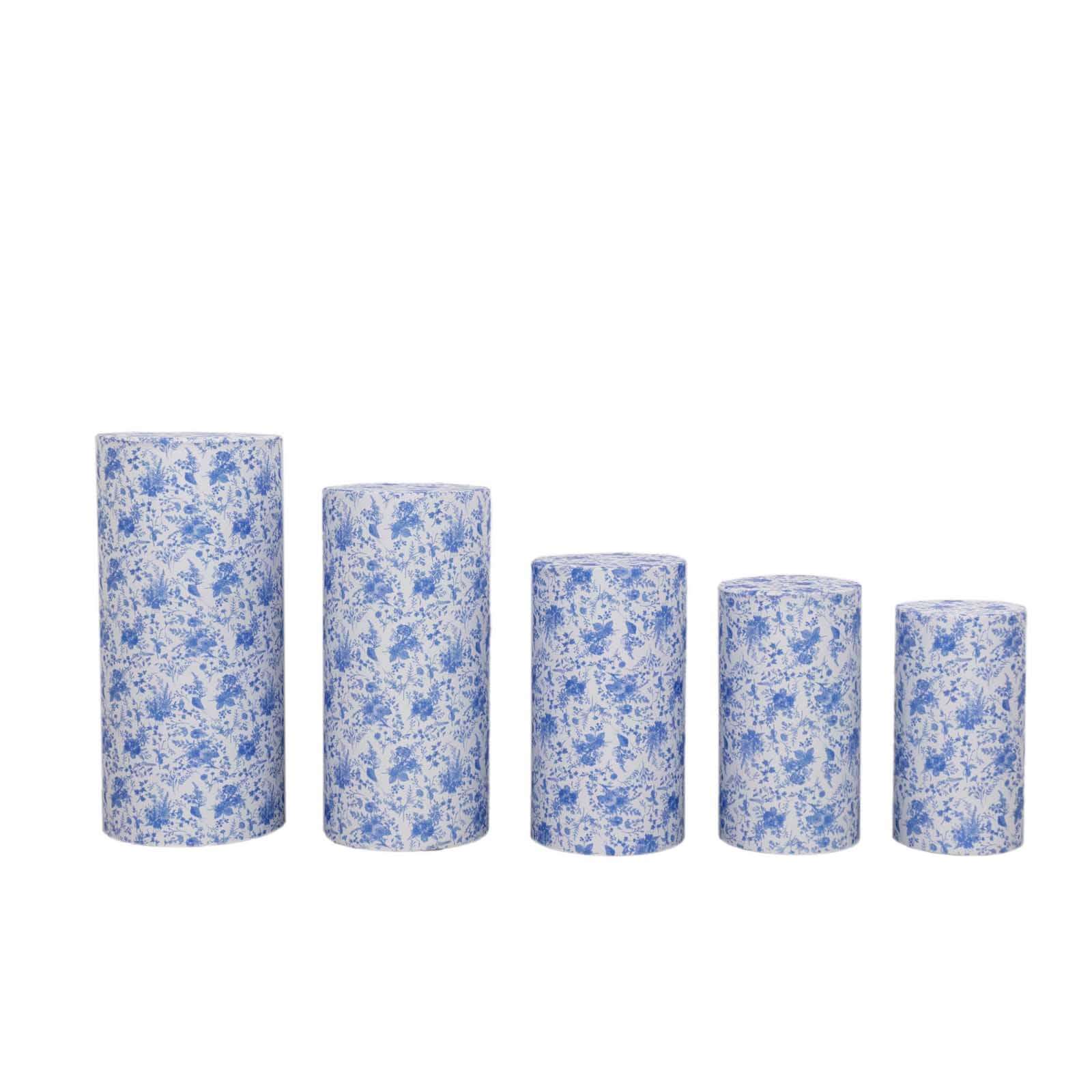 5-Piece Set of Stretchable White and Blue French Toile Floral Spandex Cylinder Pedestal Stand Covers, 160 GSM
