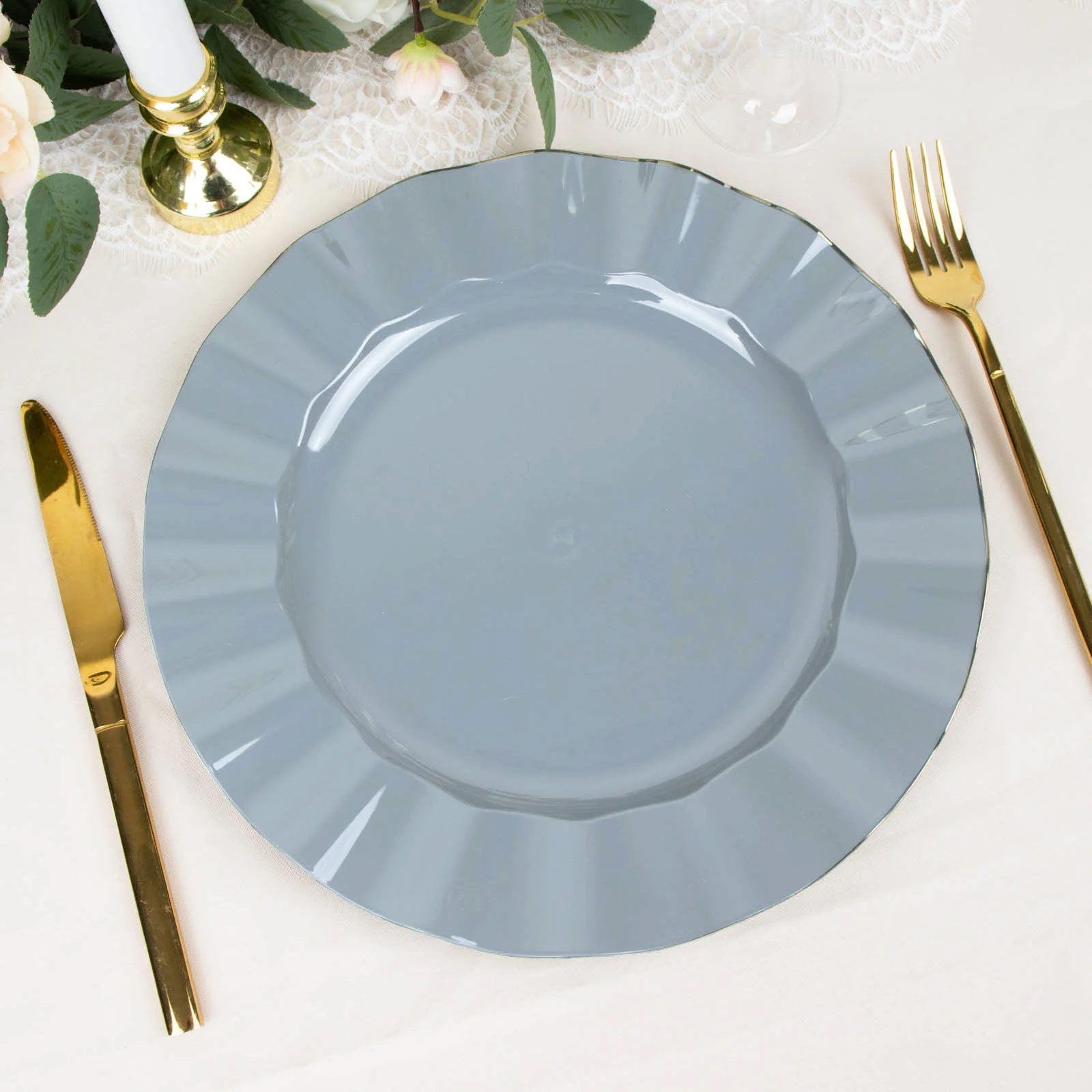 10-Pack Sturdy Disposable 11" Round Dusty Blue Dinner Plates with Gold Ruffled Edging