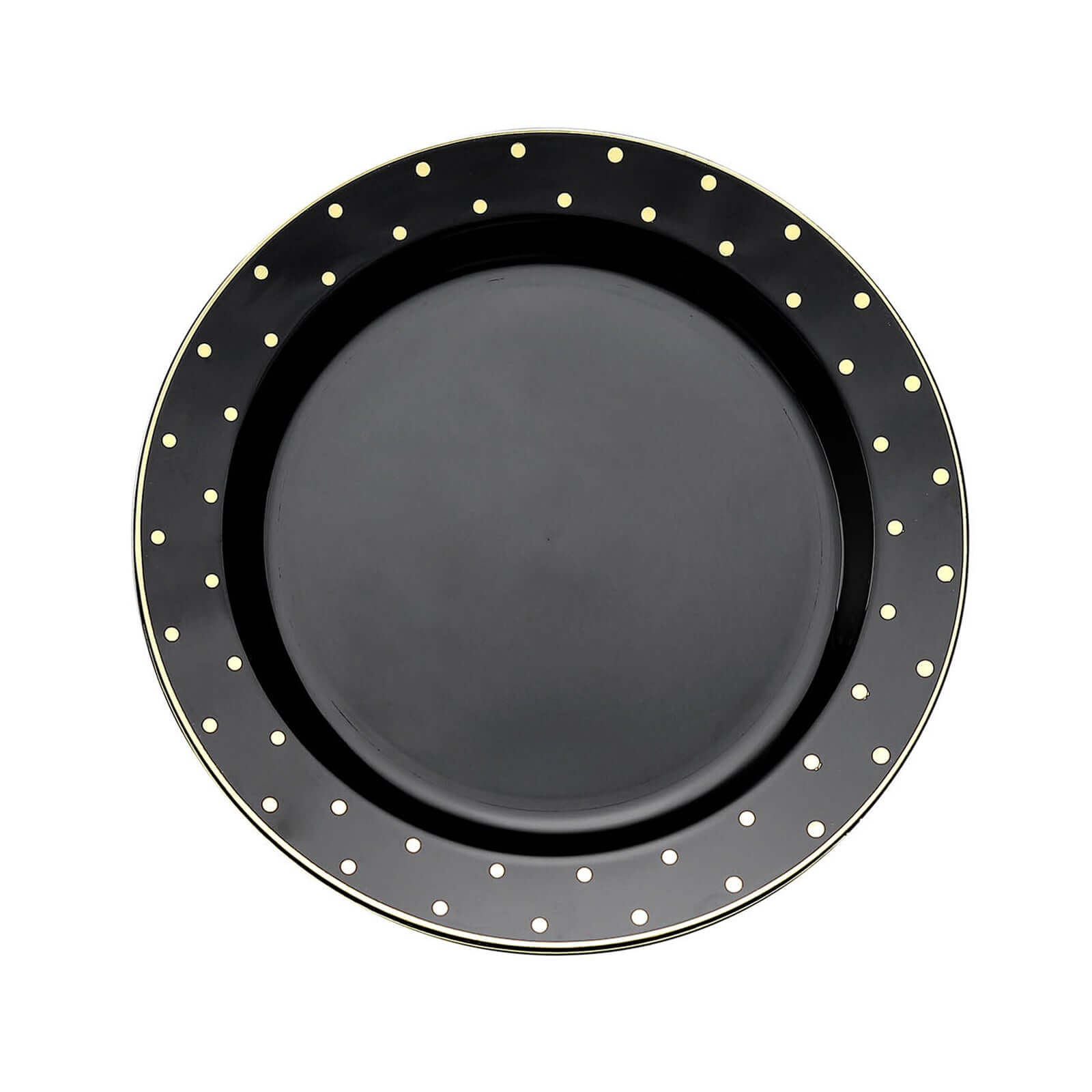 10-Piece Set of 7.5-Inch Black Plastic Dessert Plates with Gold Dot Rim, Disposable Salad Plates