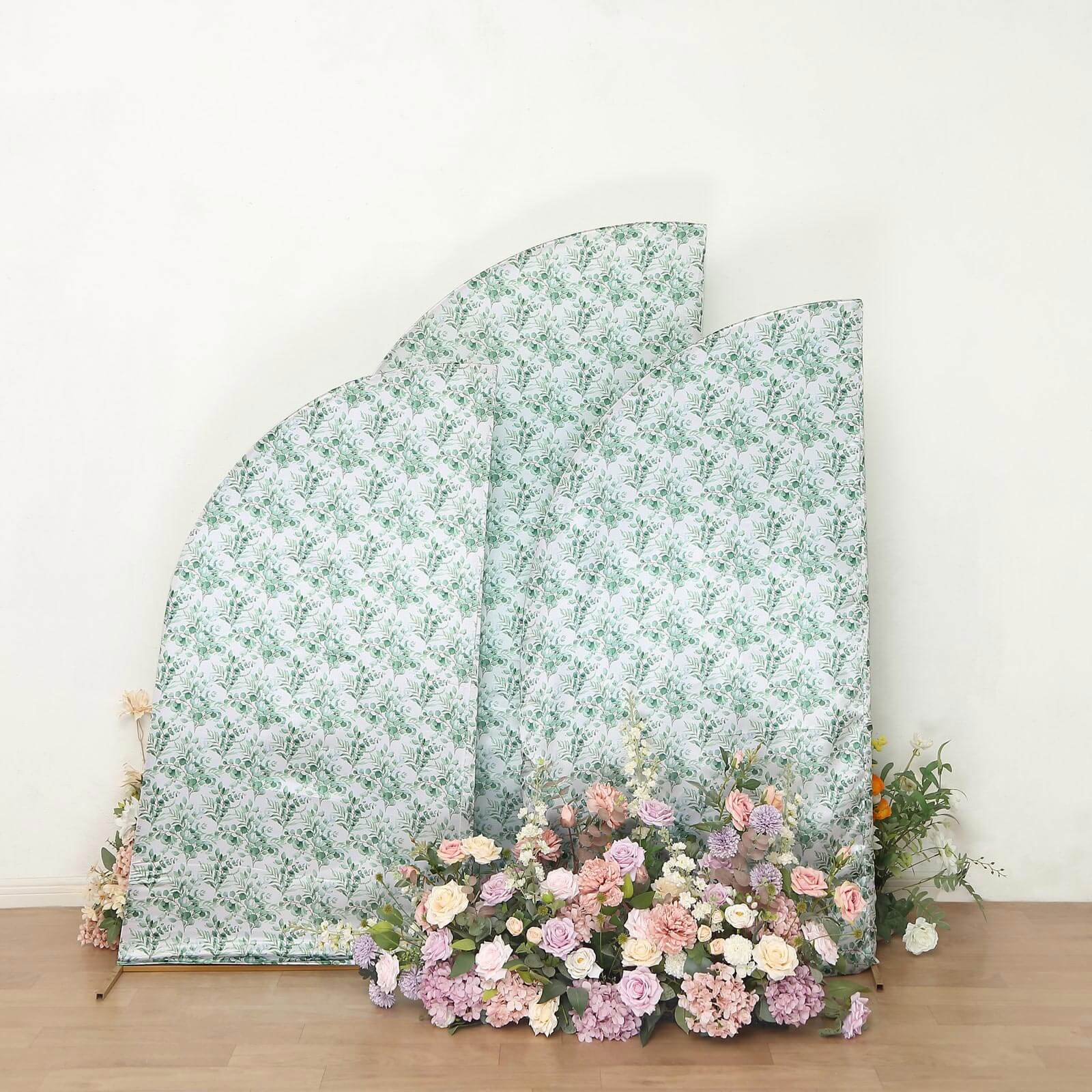 Exclusive Set of 3 Satin Wedding Arch Covers with Eucalyptus Leaves Print - 5ft, 6ft, 7ft