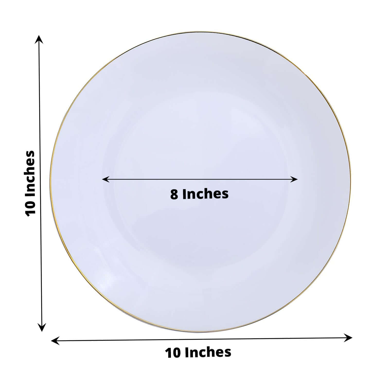 10-Piece Set of White Plastic Round Dinner Plates with Gold Rim - Disposable for Banquets and Special Events