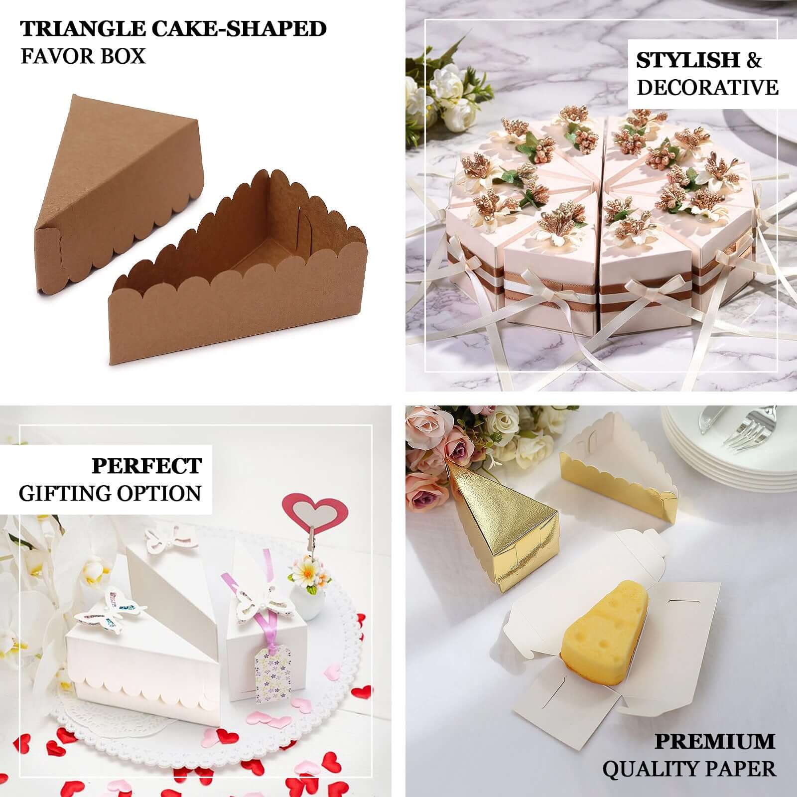 10-Pack Gold Scalloped Top Cardstock Cake Slice Boxes - Ideal for Party Favors & Snacks