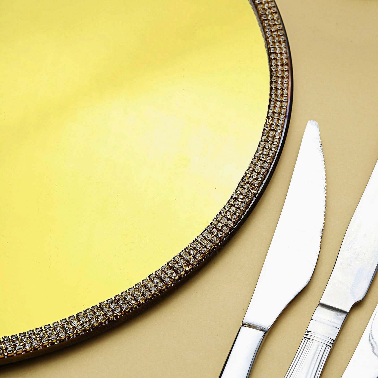 Hot Sale! 2-Pack 13-Inch Round Glass Charger Plates with Metallic Gold Mirror Rhinestone Rim for Decor