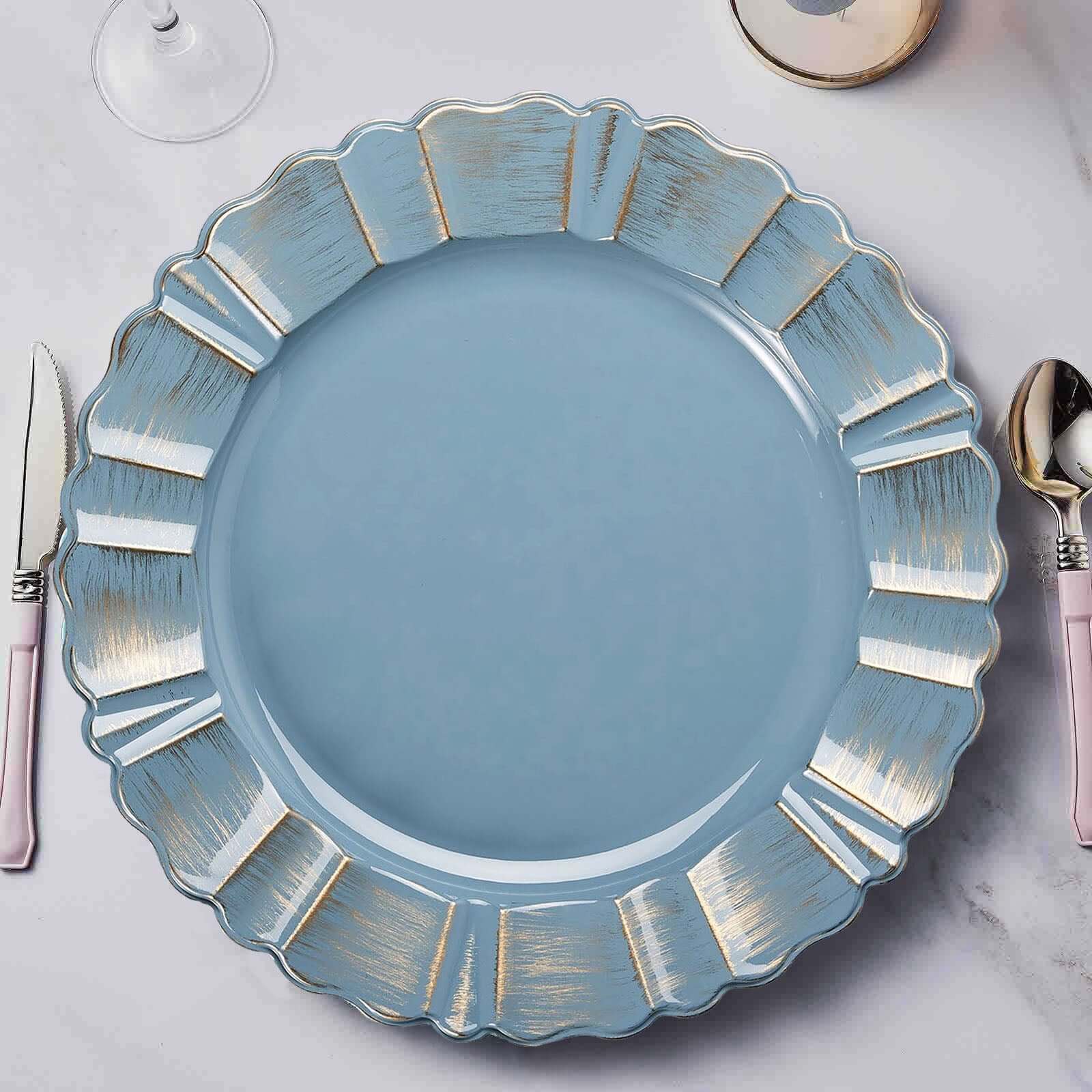 6-Piece Set of 13-Inch Dusty Blue Acrylic Plastic Round Charger Plates with Gold-Brushed Scalloped Rim for Dinner Parties