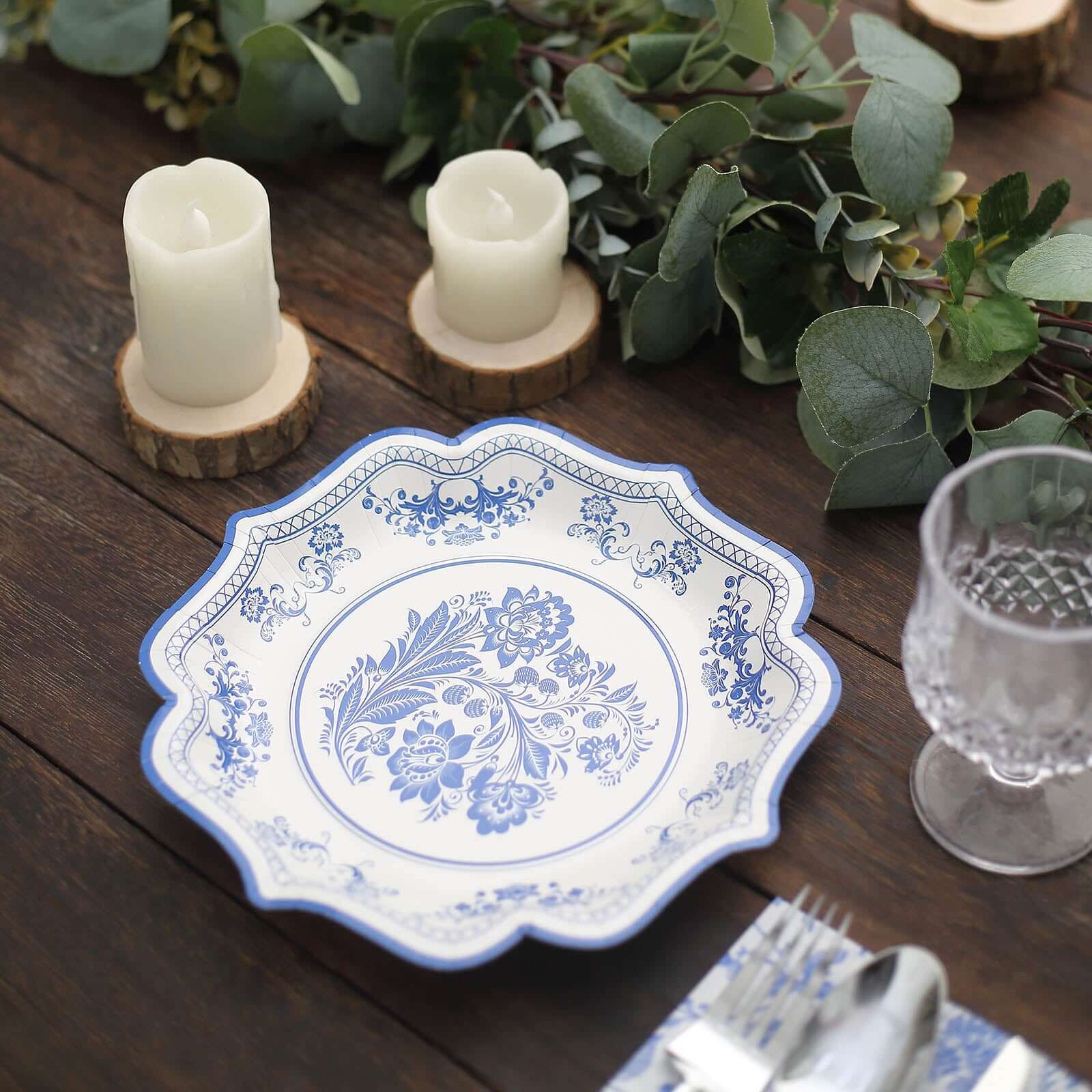 25-Pack Disposable White Paper Salad Plates with Light Blue Damask Floral Print and Scallop Rim