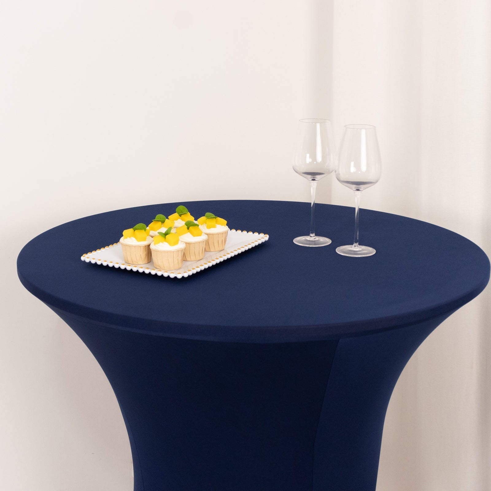 Navy Blue Spandex Stretch Fitted Cocktail Table Cover - Easy to Maintain, 33-36 Round