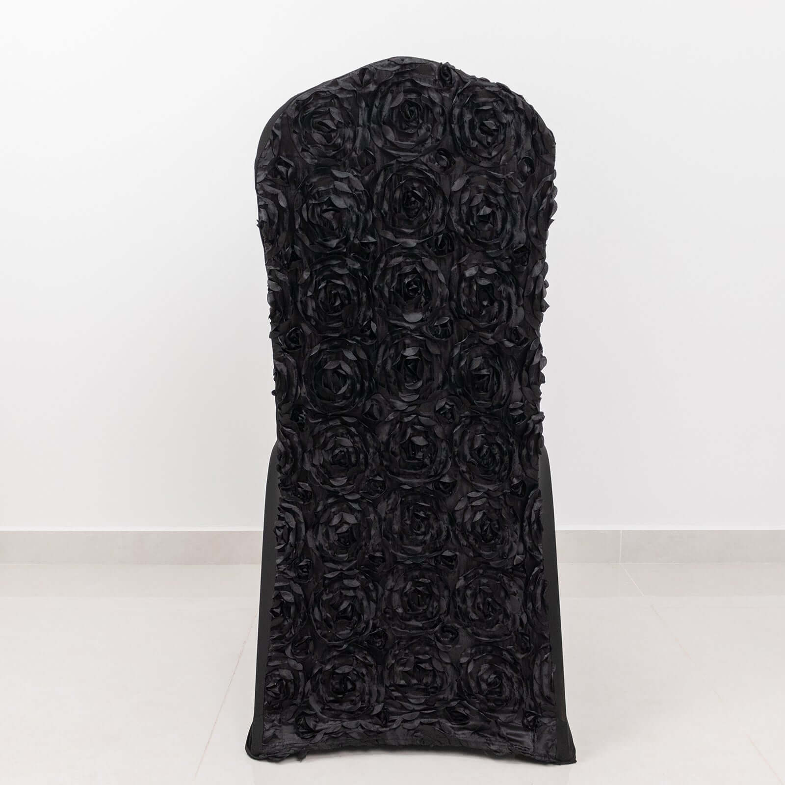 Black Stretch Fitted Satin Rosette Slip-On Cover for Banquet Chairs