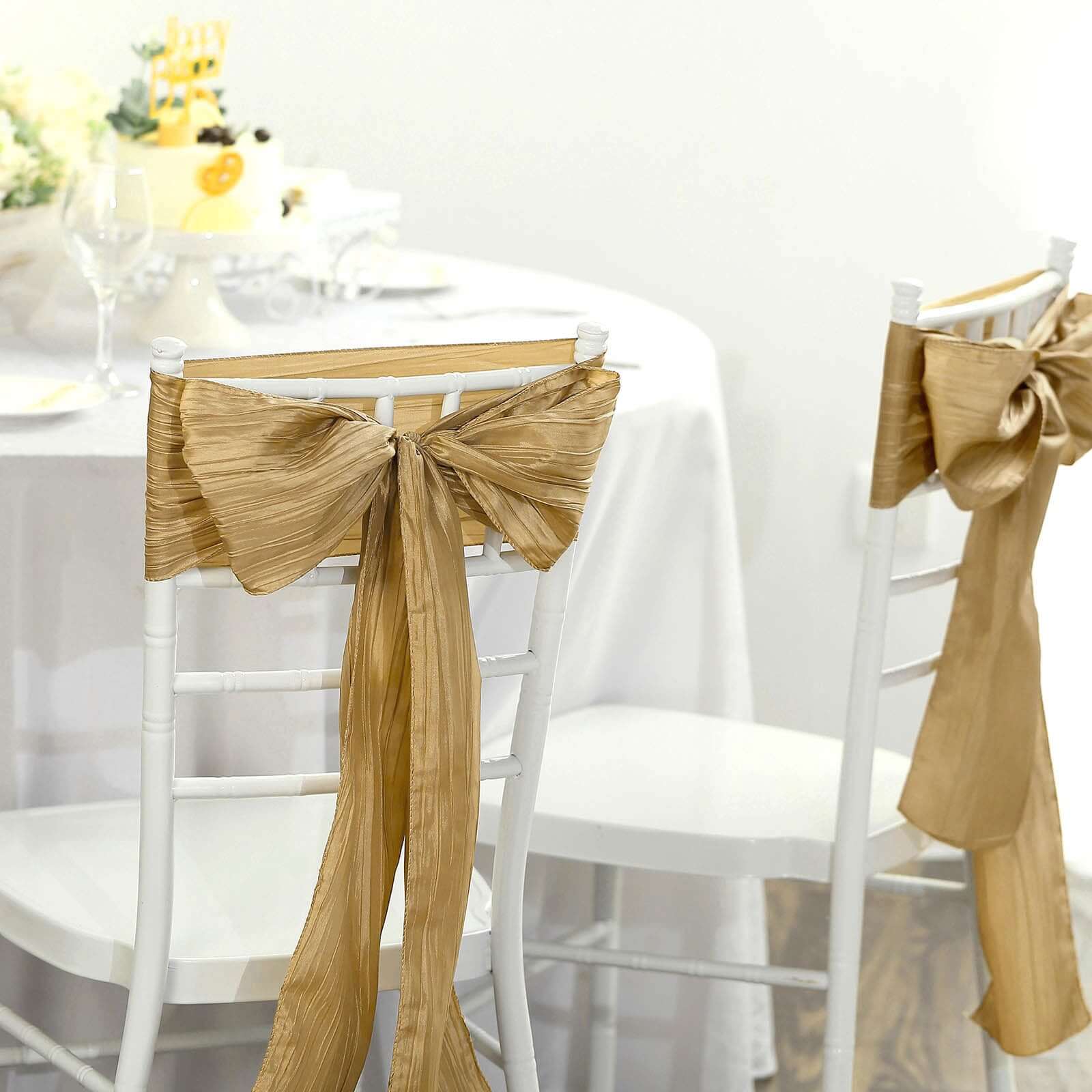 Gold Taffeta Chair Sashes - 5 Pack for Weddings & Events, Accordion Crinkle Style