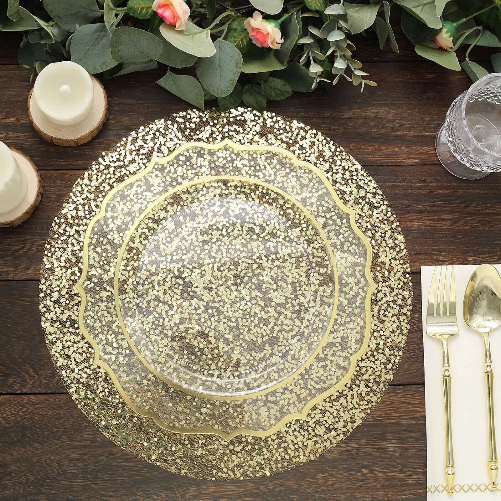 10-Piece Set of Disposable, Dust-Free Metallic Gold Sequin Round Table Placemats, 13 Inches