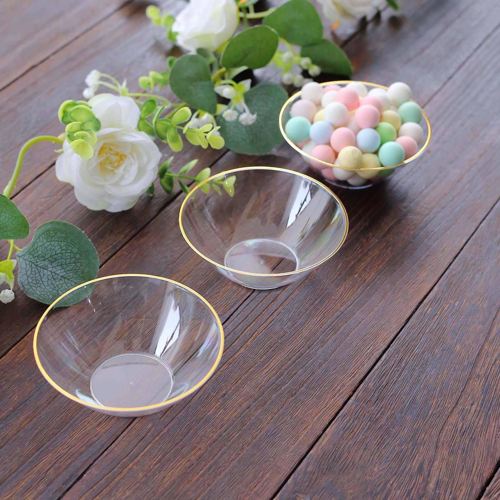 24-Pack 7oz Clear Premium Gold Rim Heavy Duty Plastic Ice Cream Bowls - Ideal for Celebrations