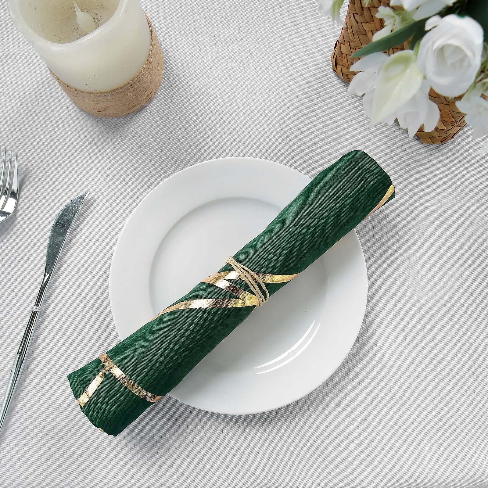 Set of 5 Reusable 20x20 Polyester Dinner Napkins in Hunter Emerald Green with Gold Geometric Foil Design