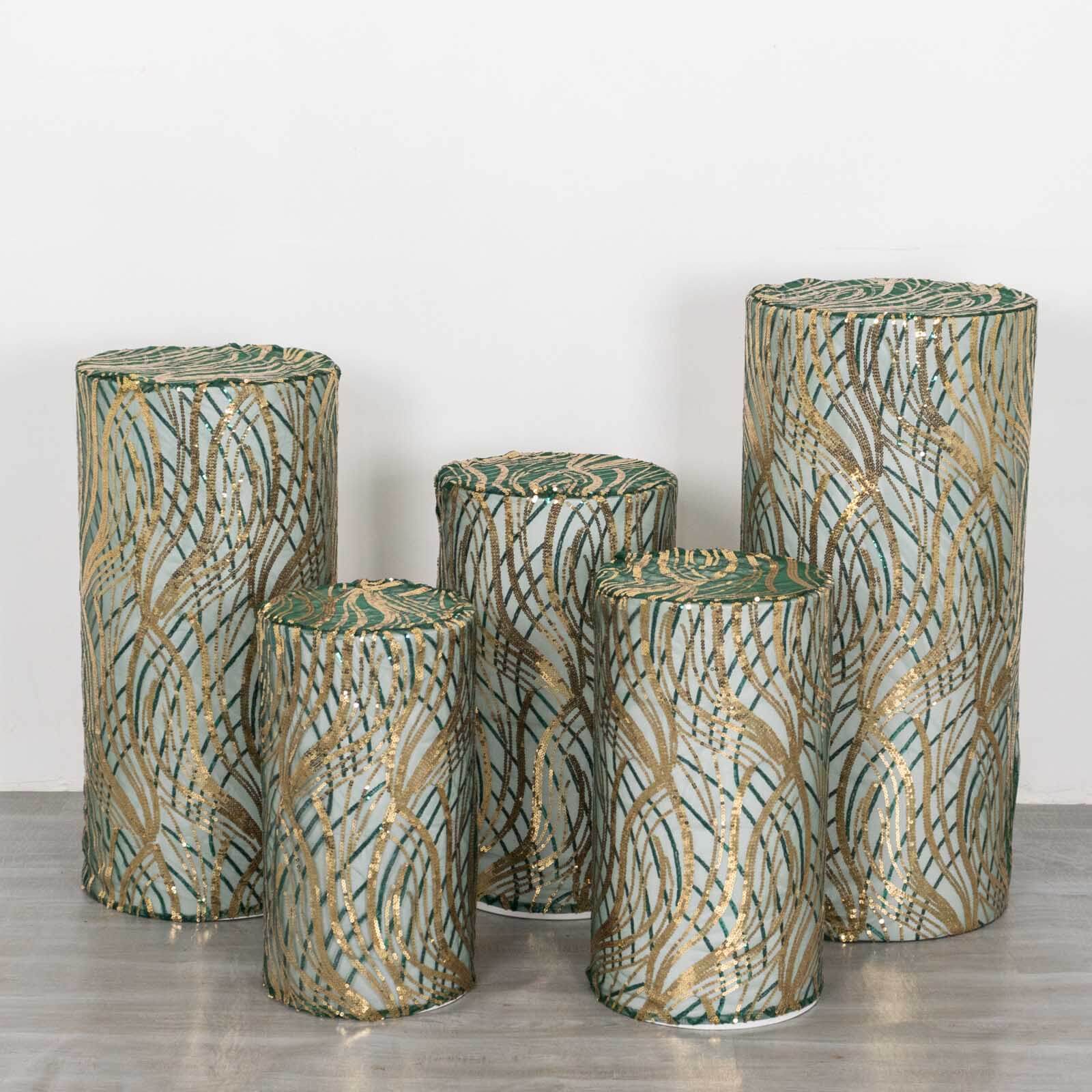 Hot Deal! Set of 5 Emerald Green Wave Sequin Mesh Cylinder Pedestal Stand Covers