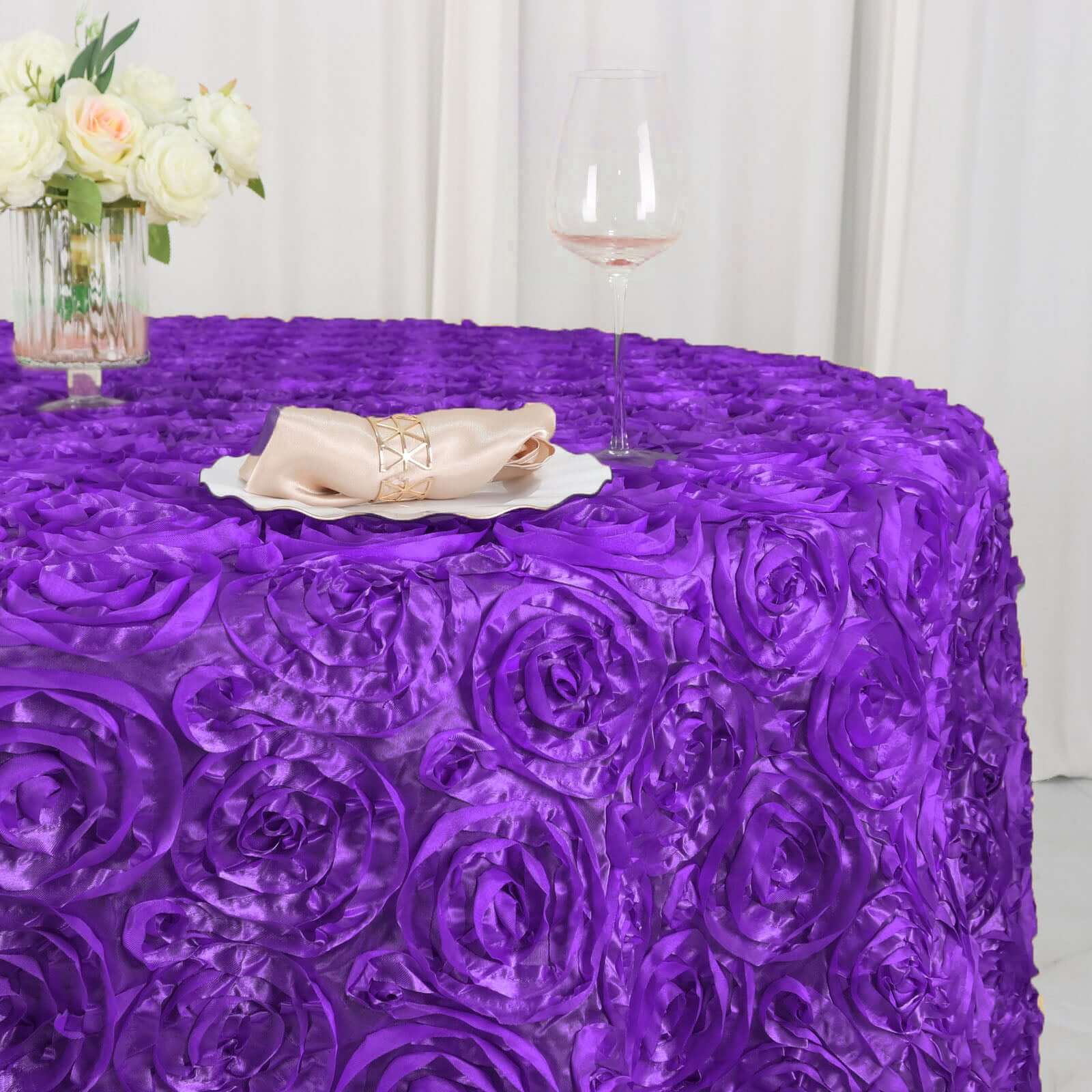 Hot Sale! Purple Satin 120-Inch Round Tablecloth with 3D Rosette and Seamless Finish