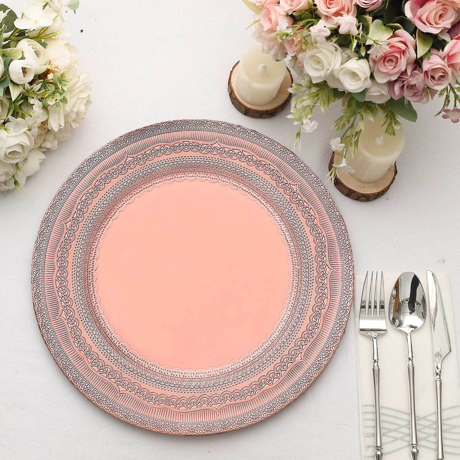 Hot Sale! 6-Pack 13-inch Rose Gold Acrylic Charger Plates with Lace-Embossed Rim for Table Decor