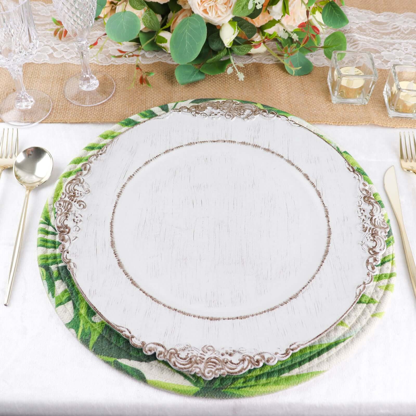 4-Pack Round Woven Cotton Table Placemats in Tropical Leaf Design, 15 Inches Green