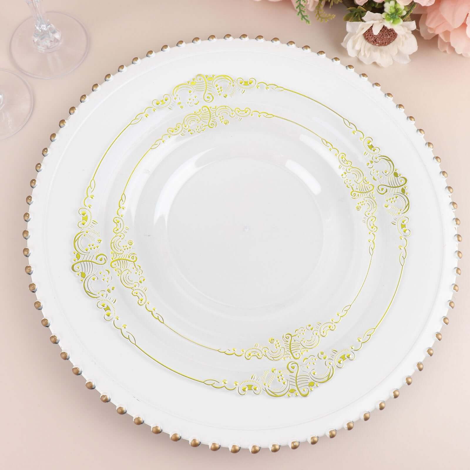 Hot Deal! 10-Pack Disposable Round Plastic Dinner Plates with Gold Leaf Embossed Rim in Vintage Baroque Style