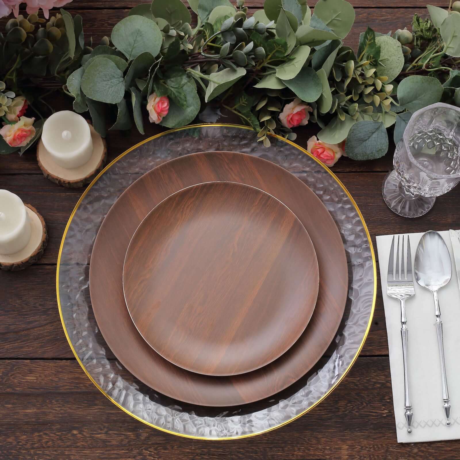 Set of 6 Disposable Shatterproof Brown Wood Grain Melamine 10-Inch Round Dinner Plates for Rustic Party Decor
