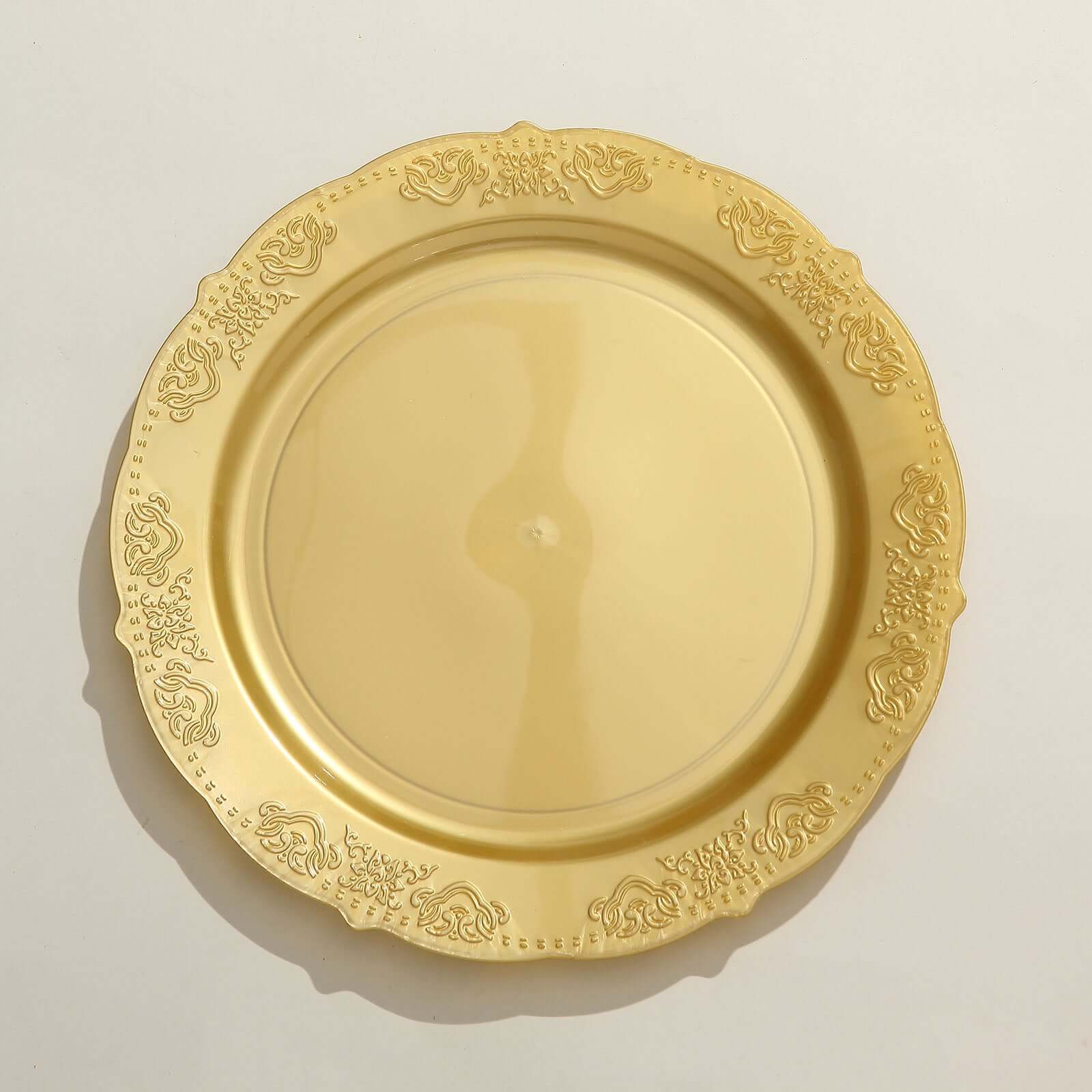 Hot Deal! 10-Pack of Disposable Round Plastic Dinner Plates with Gold Embossed Scalloped Edge for Special Events