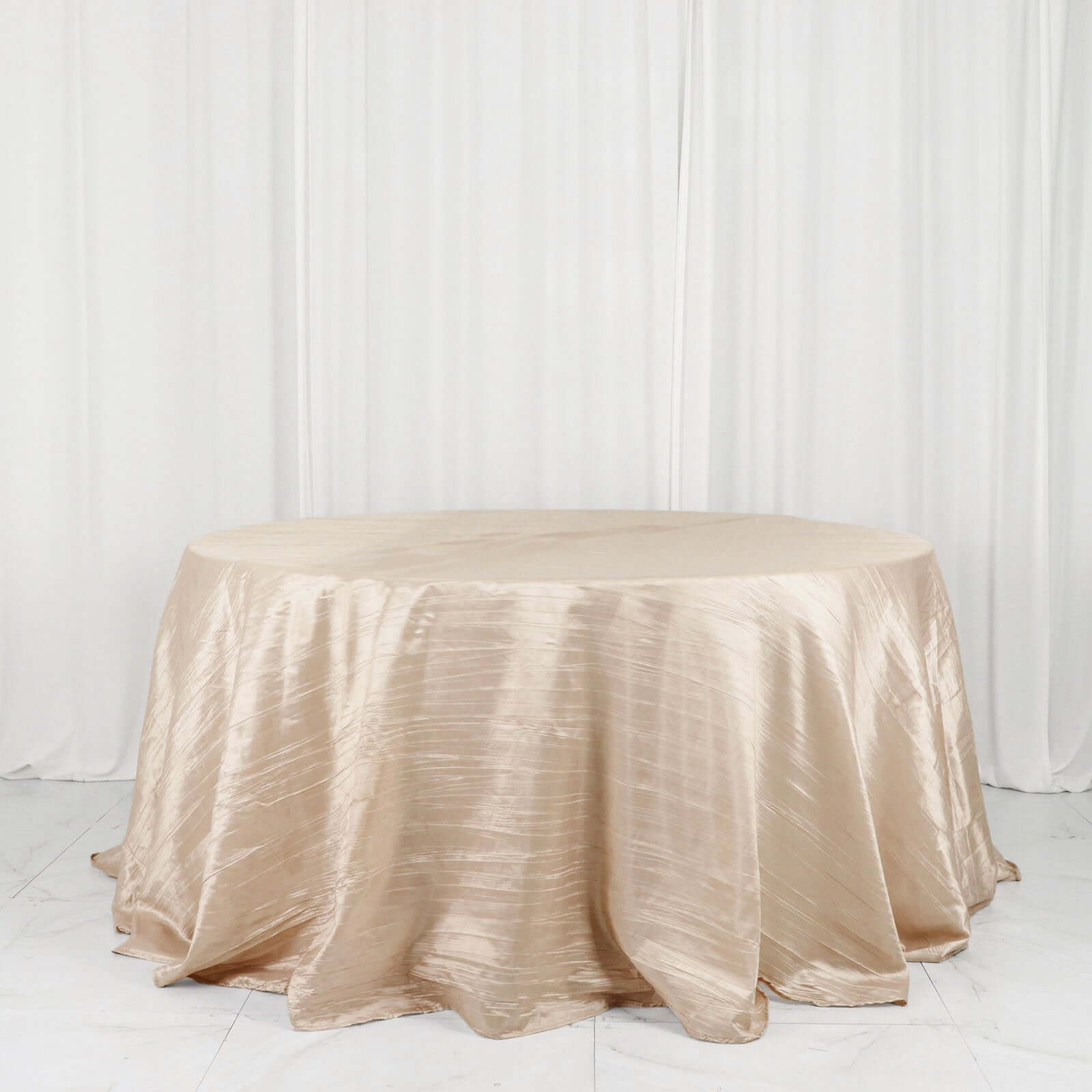 Beige Seamless Accordion Crinkle 132-Inch Taffeta Round Tablecloth