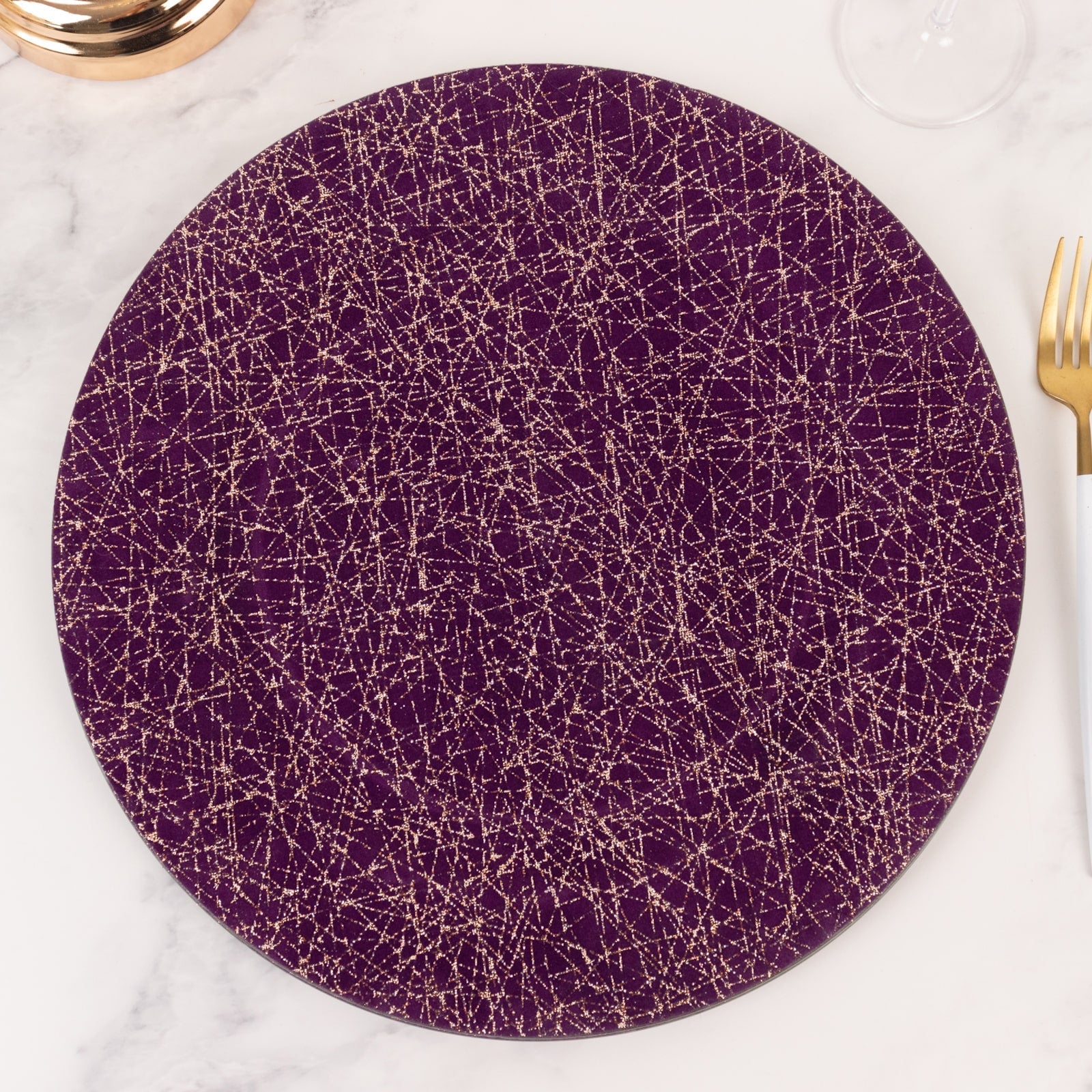 6-Piece Set of 13-Inch Purple Acrylic Round Charger Plates with Gold Glitter Abstract Design - Ideal for Parties